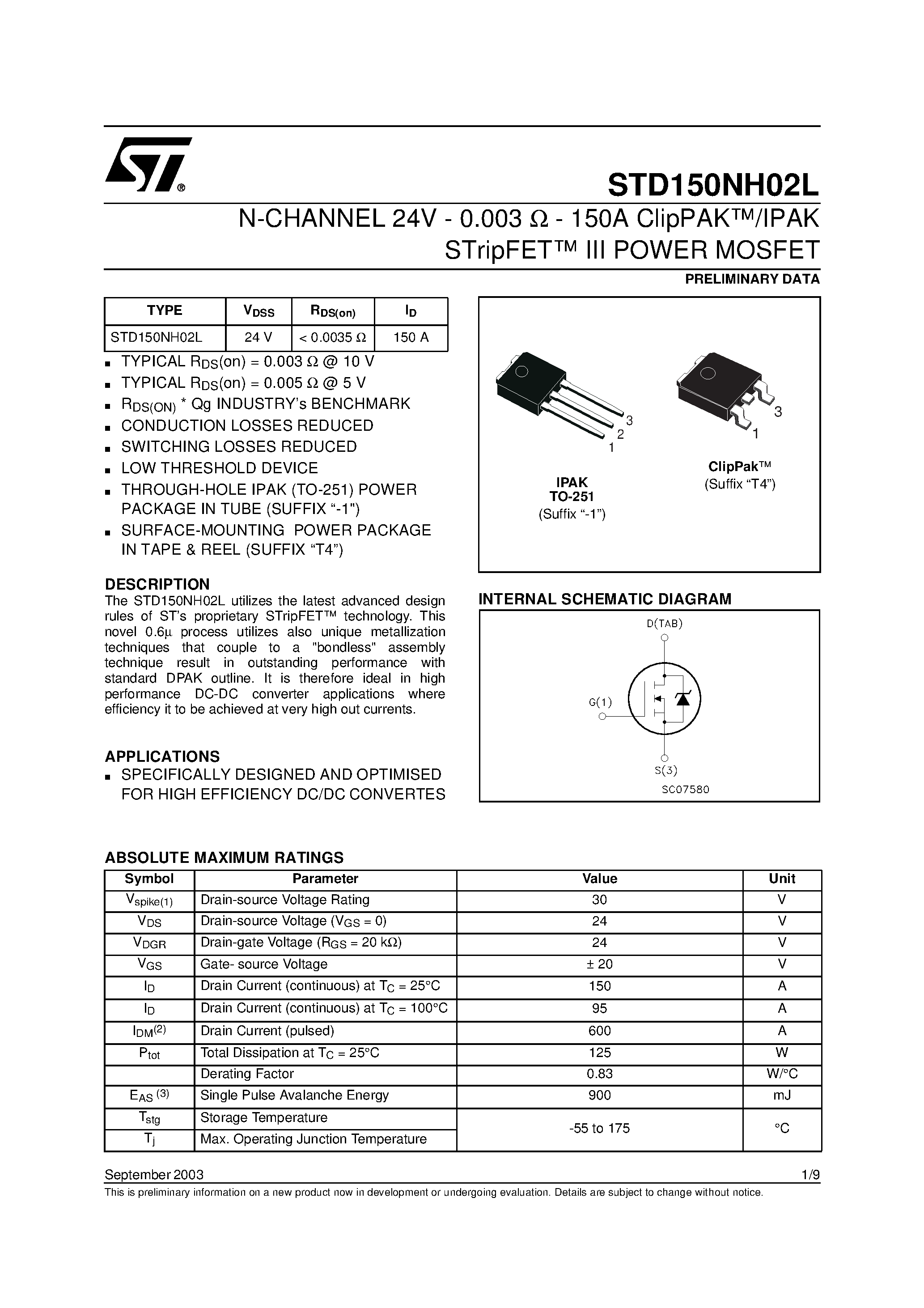 Datasheet STD150NH02L page 1 Datasheet STD150NH02L - N-CHANNEL POWER MOSFET page 1