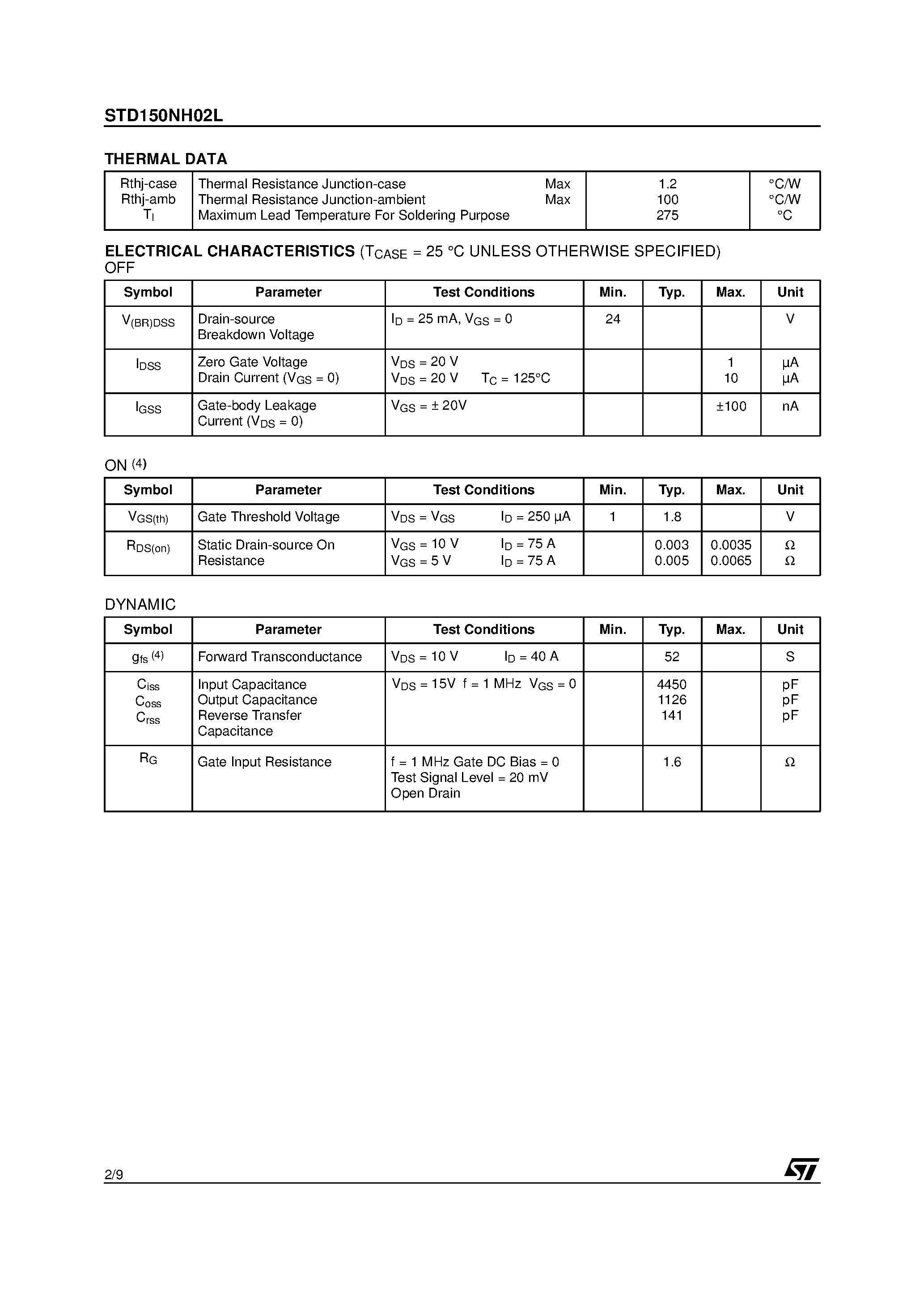 Datasheet STD150NH02L page 2 Datasheet STD150NH02L - N-CHANNEL POWER MOSFET page 2