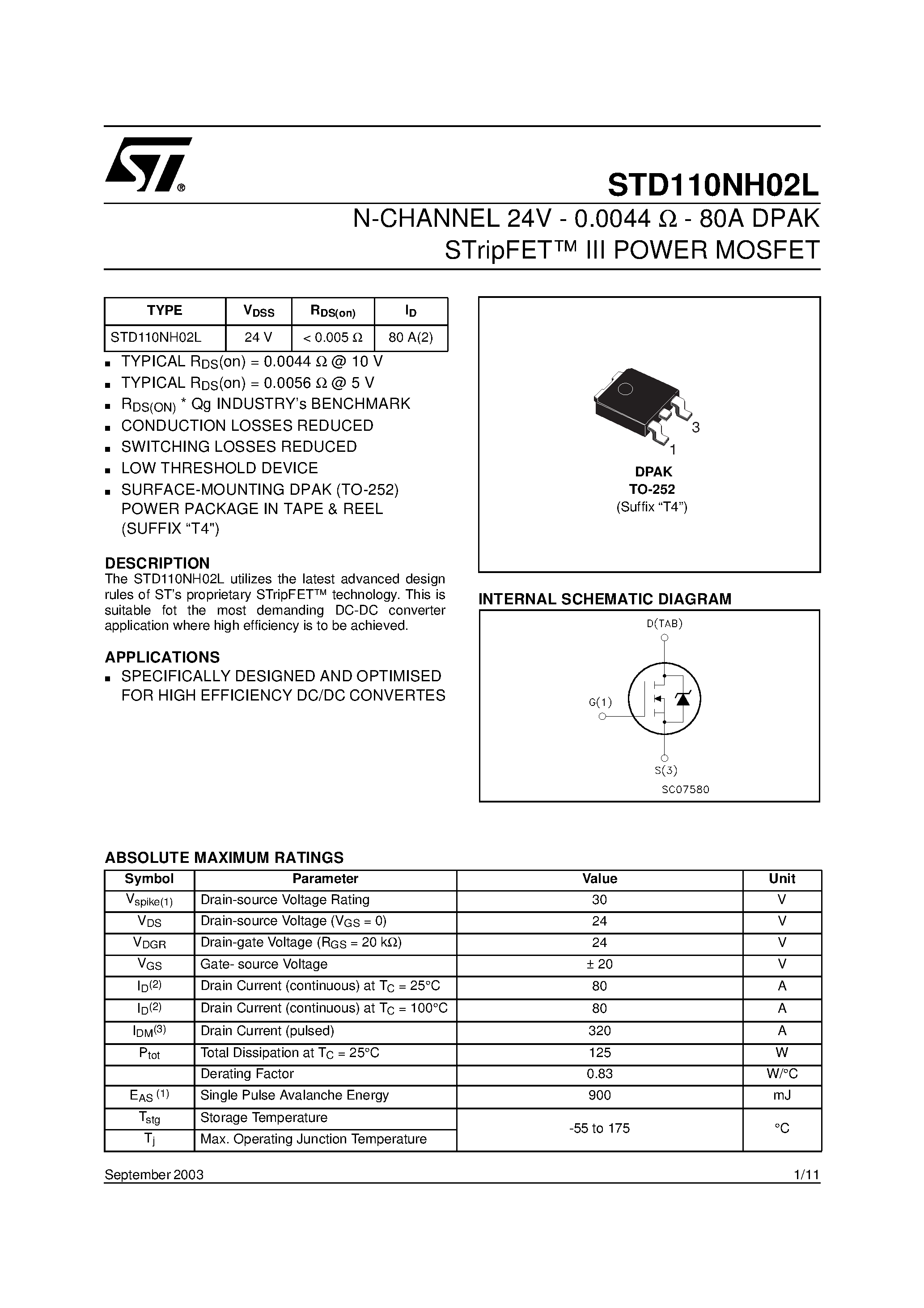 Datasheet STD110NH02L - N-CHANNEL POWER MOSFET page 1
