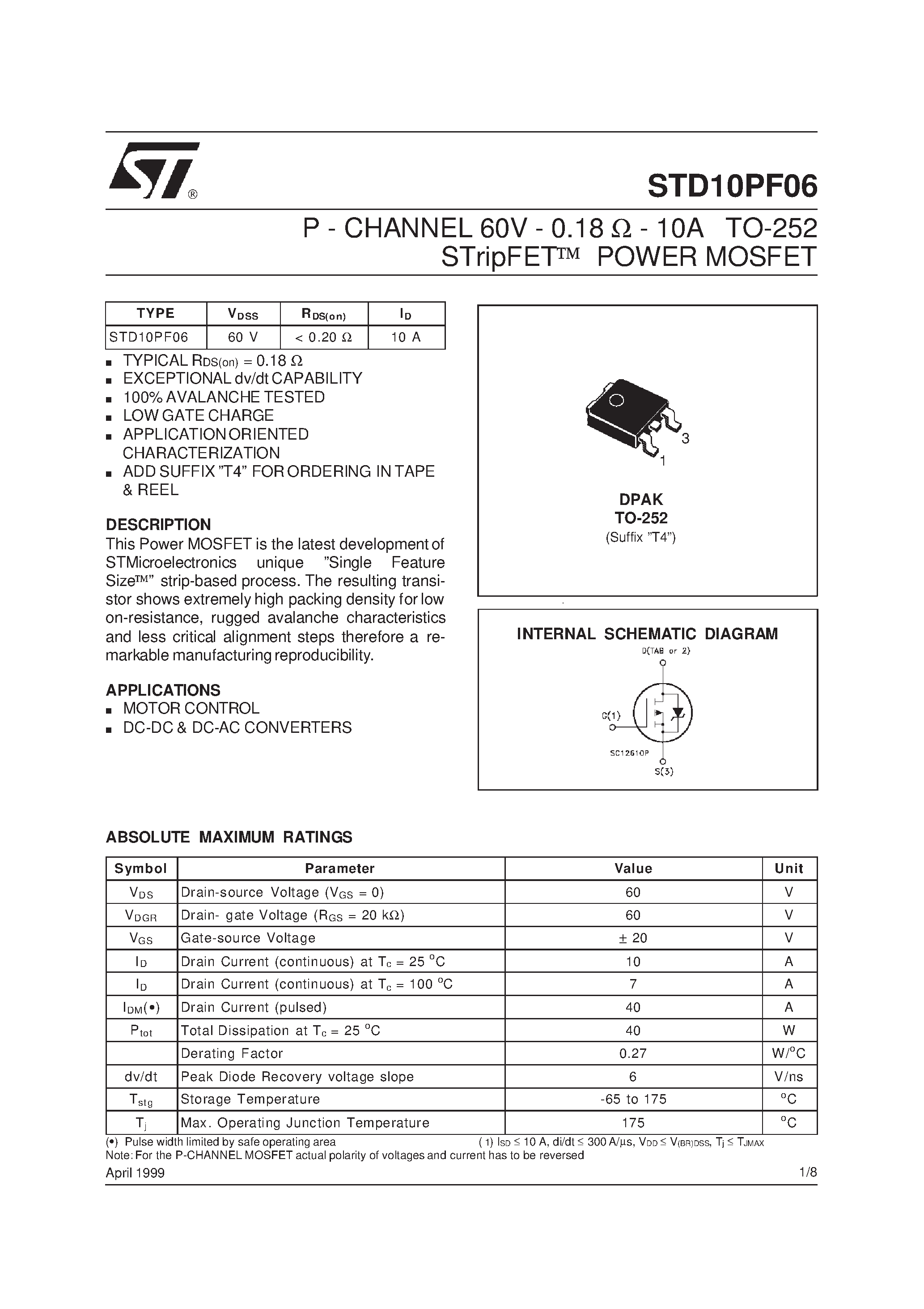 Datasheet STD10PF06 - N-CHANNEL POWER MOSFET page 1