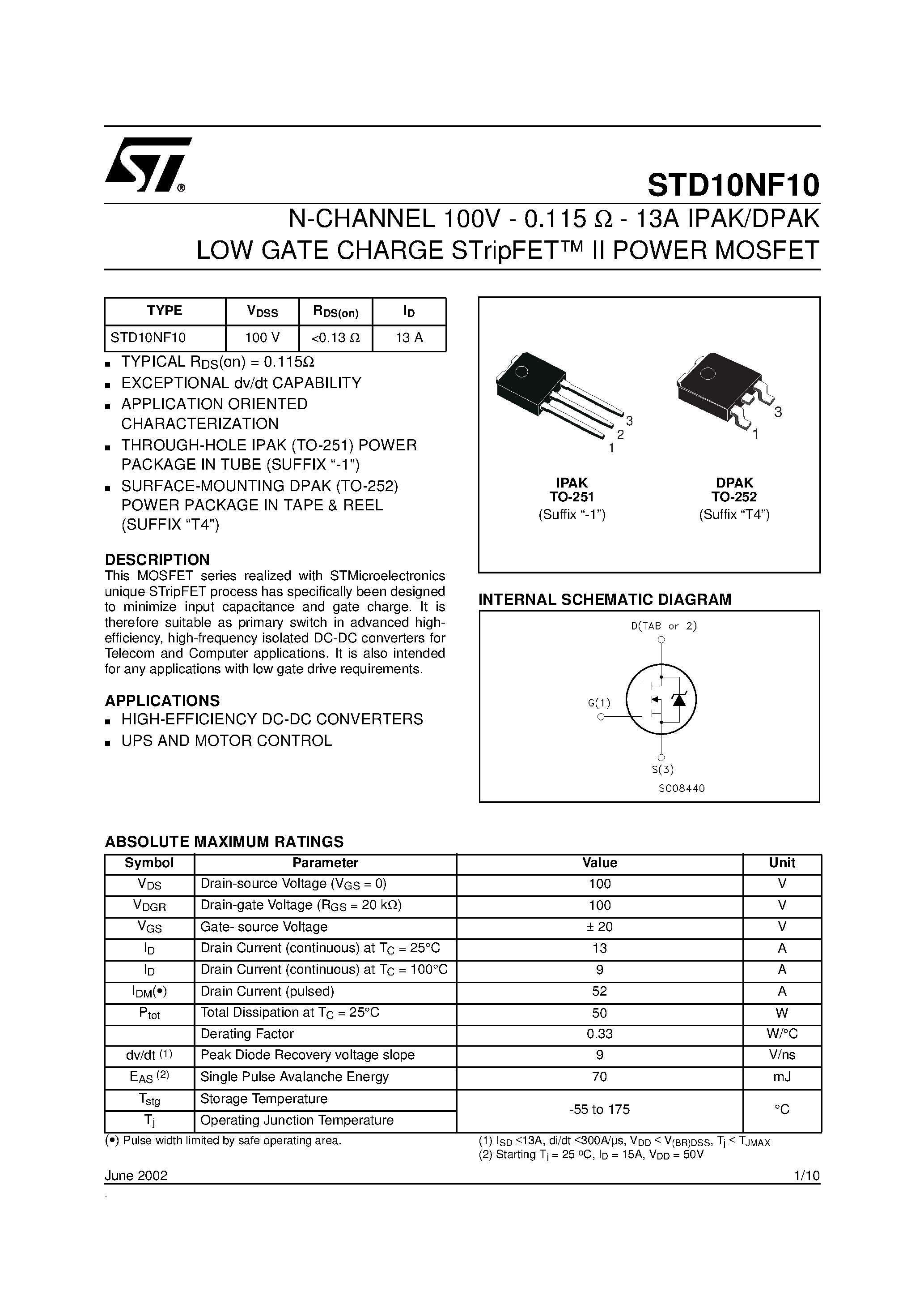 Даташит STD10NF10 - N-CHANNEL POWER MOSFET страница 1