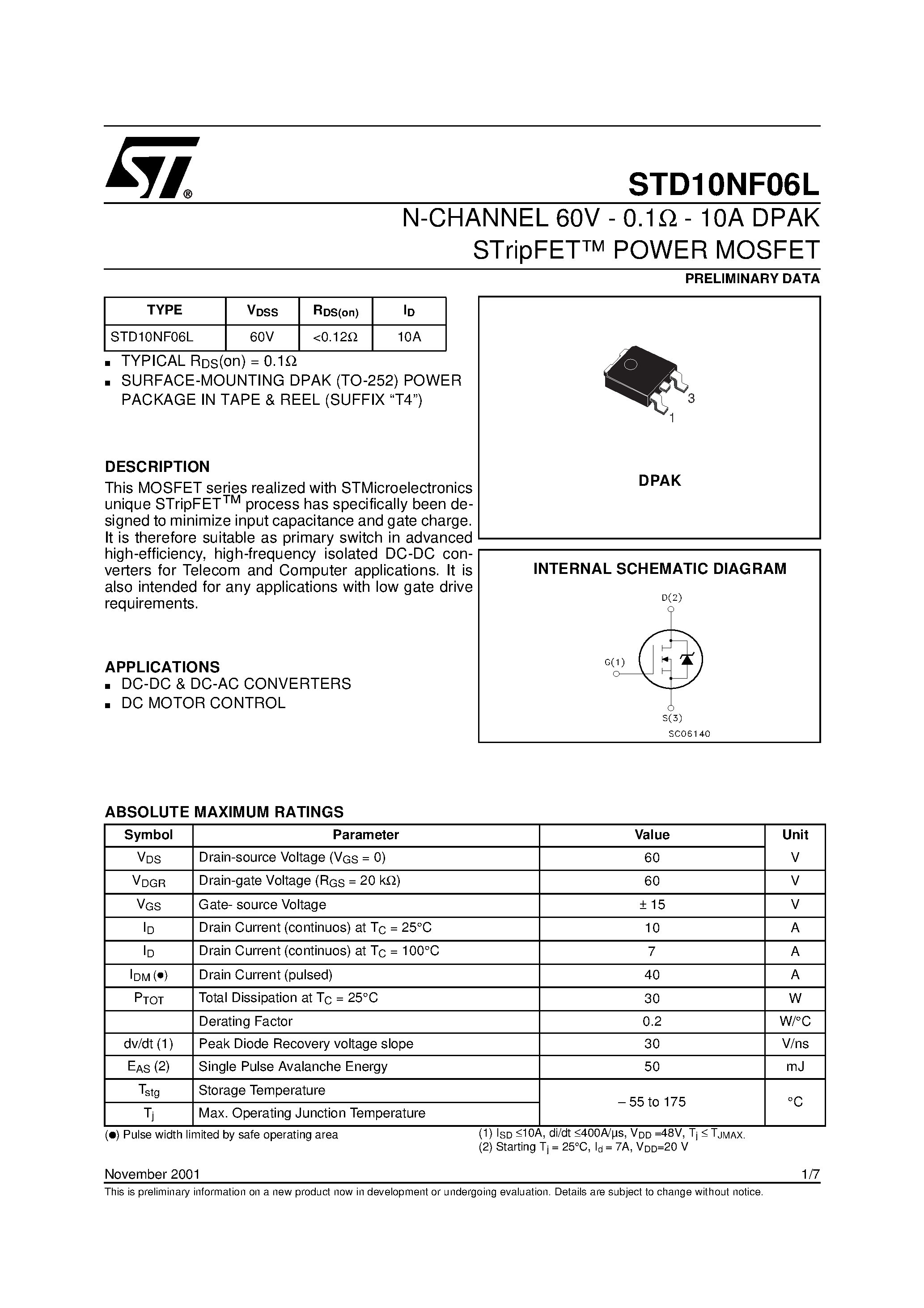 Даташит на микросхему STD10NF06L страница 1 Даташит STD10NF06L - N-CHANNEL POWER MOSFET страница 1