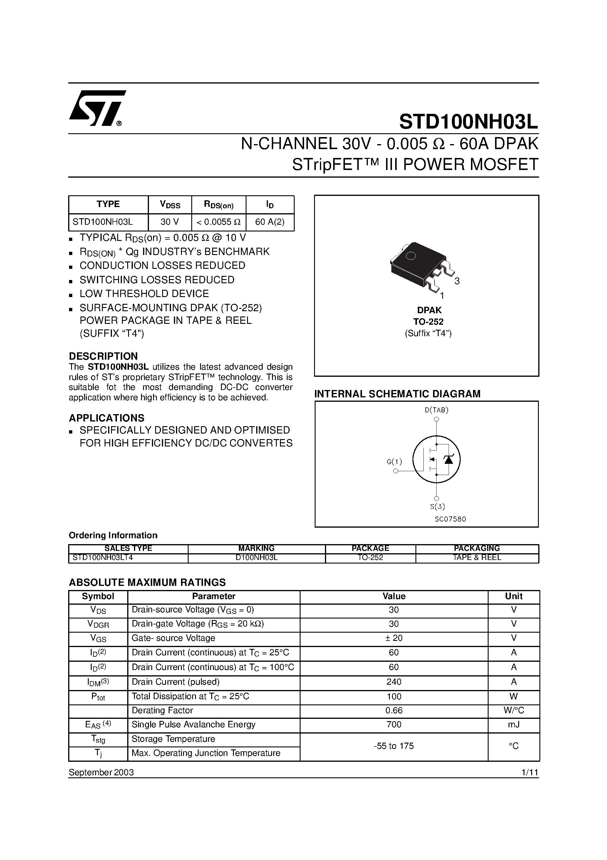 Datasheet STD100NH03L - N-CHANNEL POWER MOSFET page 1