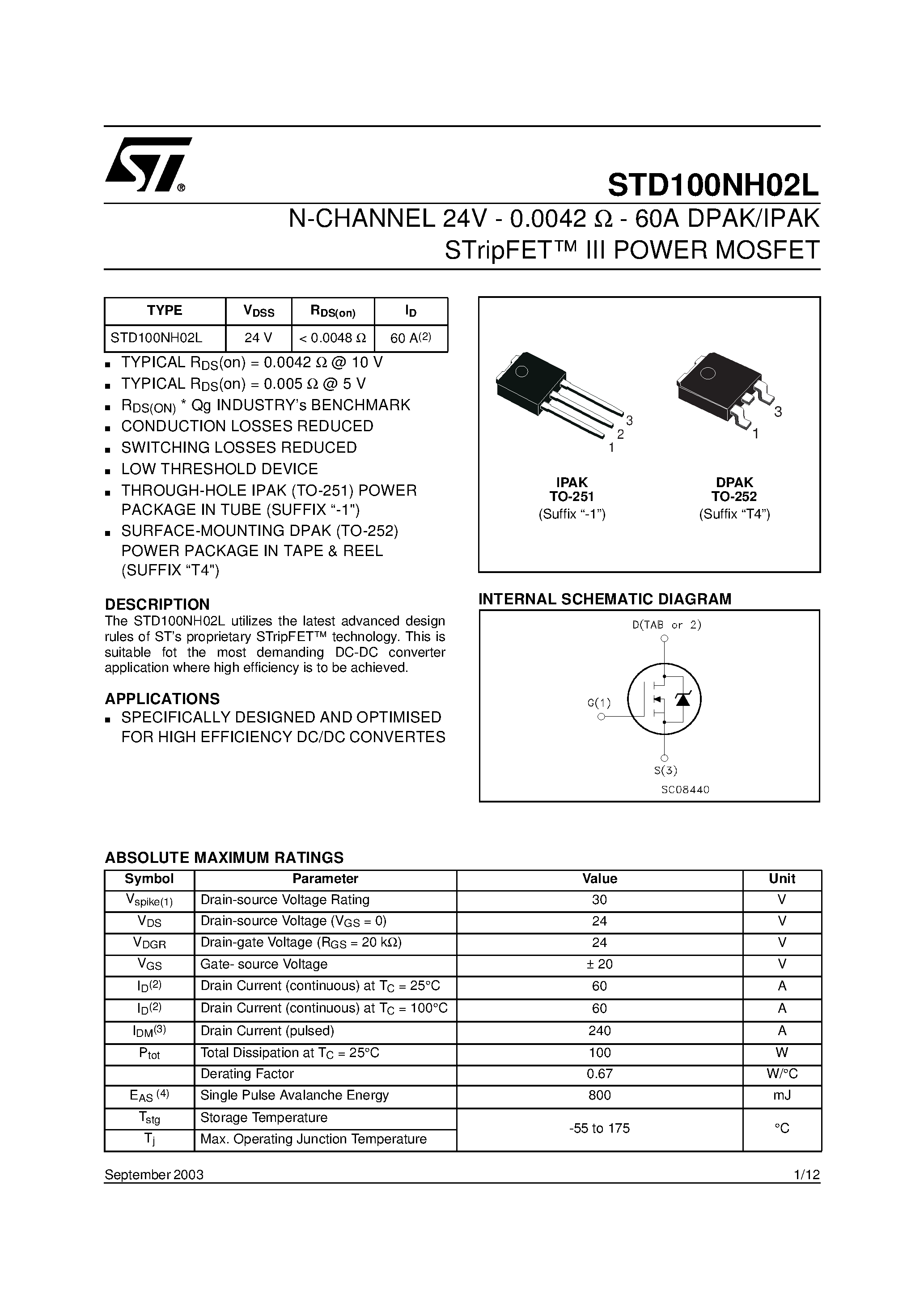 Datasheet STD100NH02L - N-CHANNEL POWER MOSFET page 1