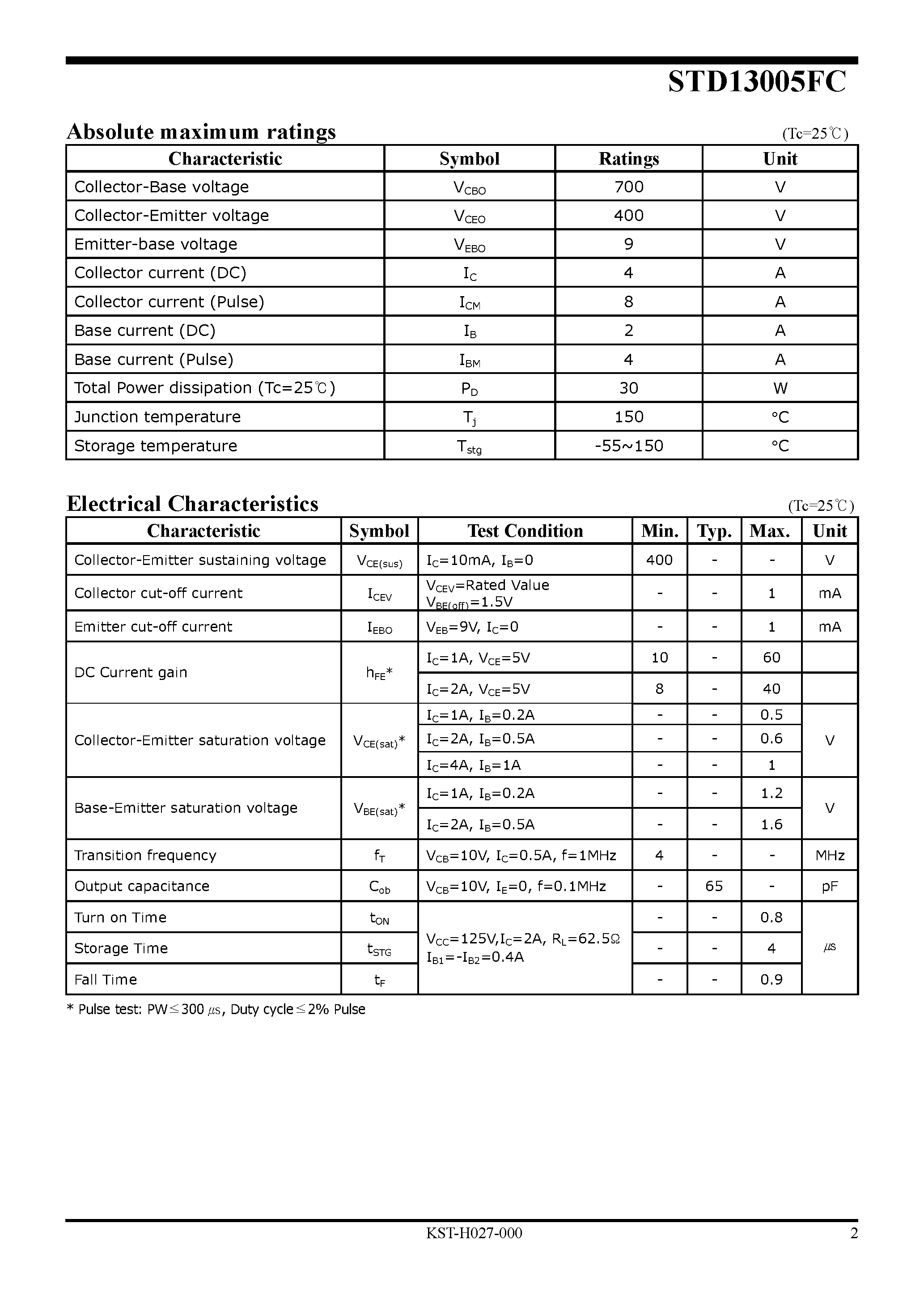 Datasheet STD13005FC page 2 Datasheet STD13005FC - NPN Silicon Power Transistor page 2