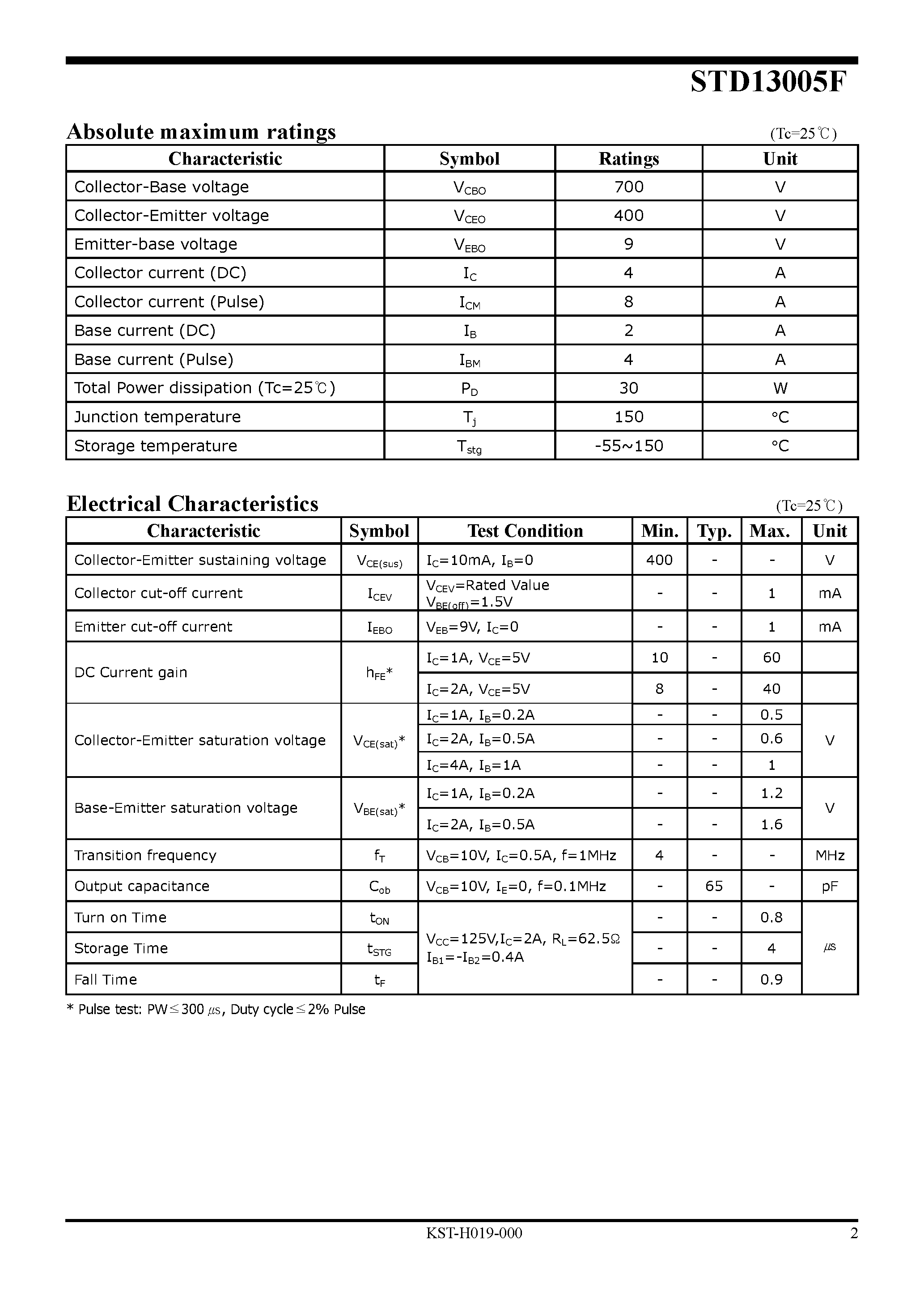 Datasheet STD13005F page 2 Datasheet STD13005F - NPN Silicon Power Transistor page 2