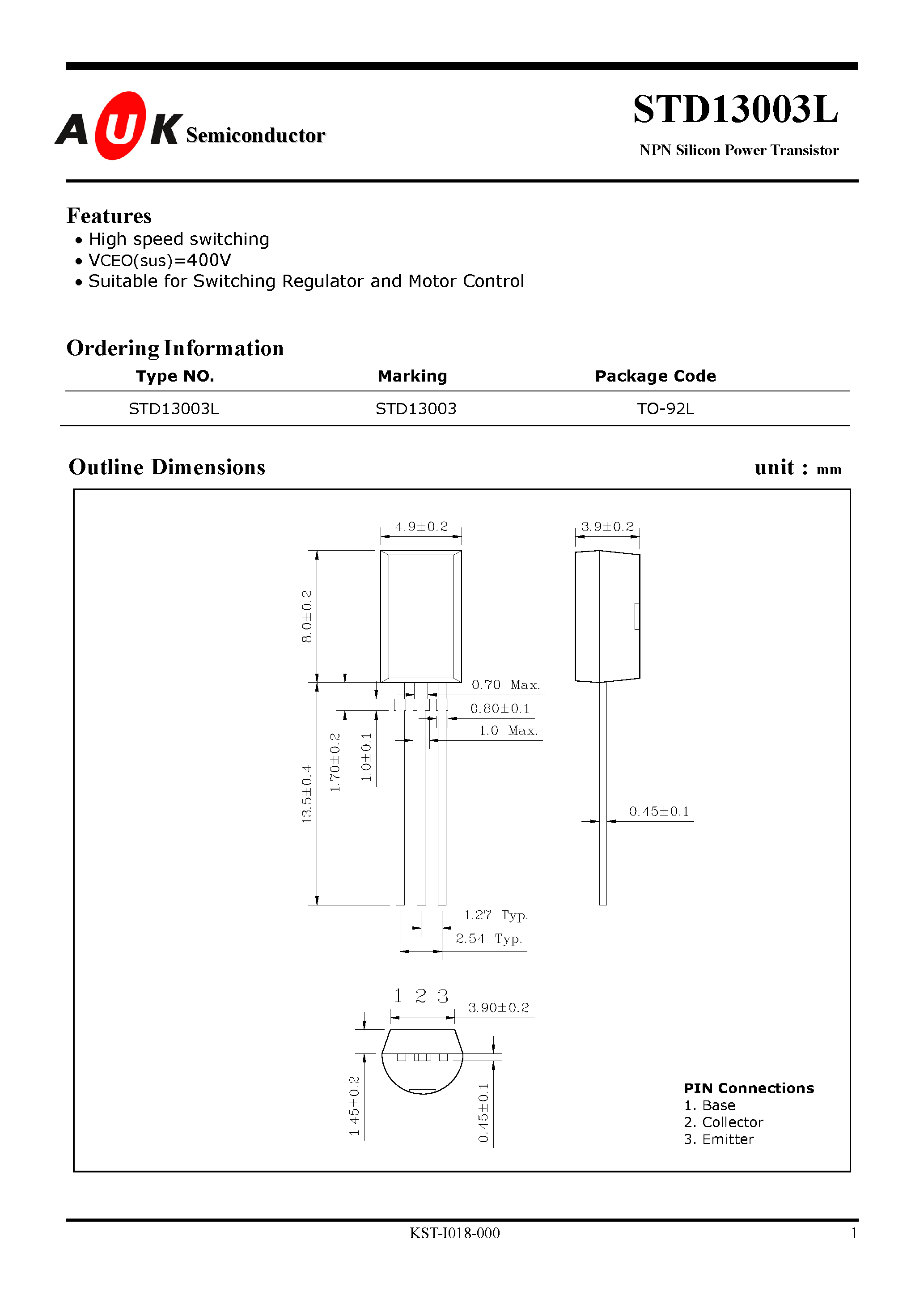 Datasheet STD13003L page 1 Datasheet STD13003L - NPN Silicon Power Transistor page 1