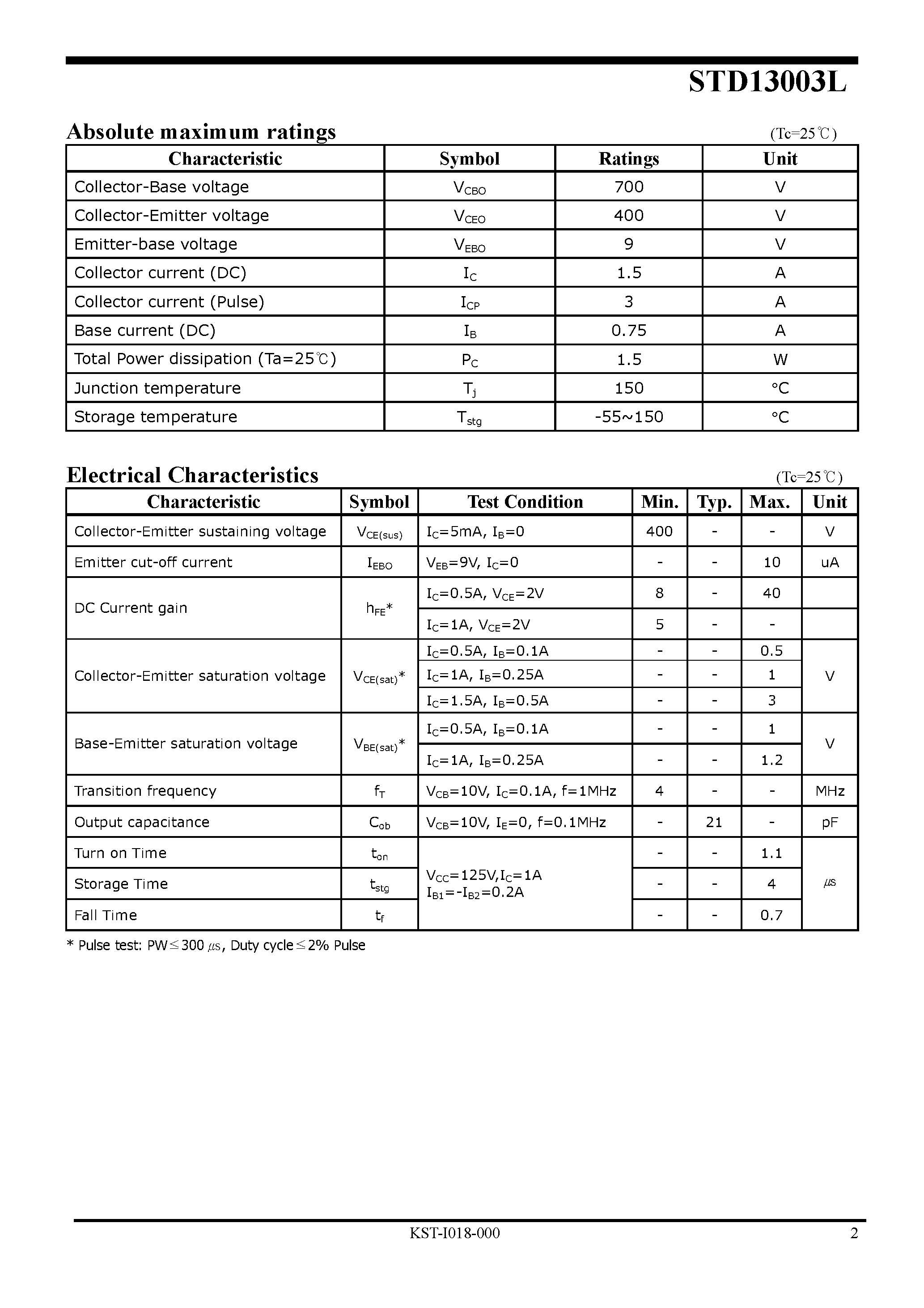 Datasheet STD13003L page 2 Datasheet STD13003L - NPN Silicon Power Transistor page 2