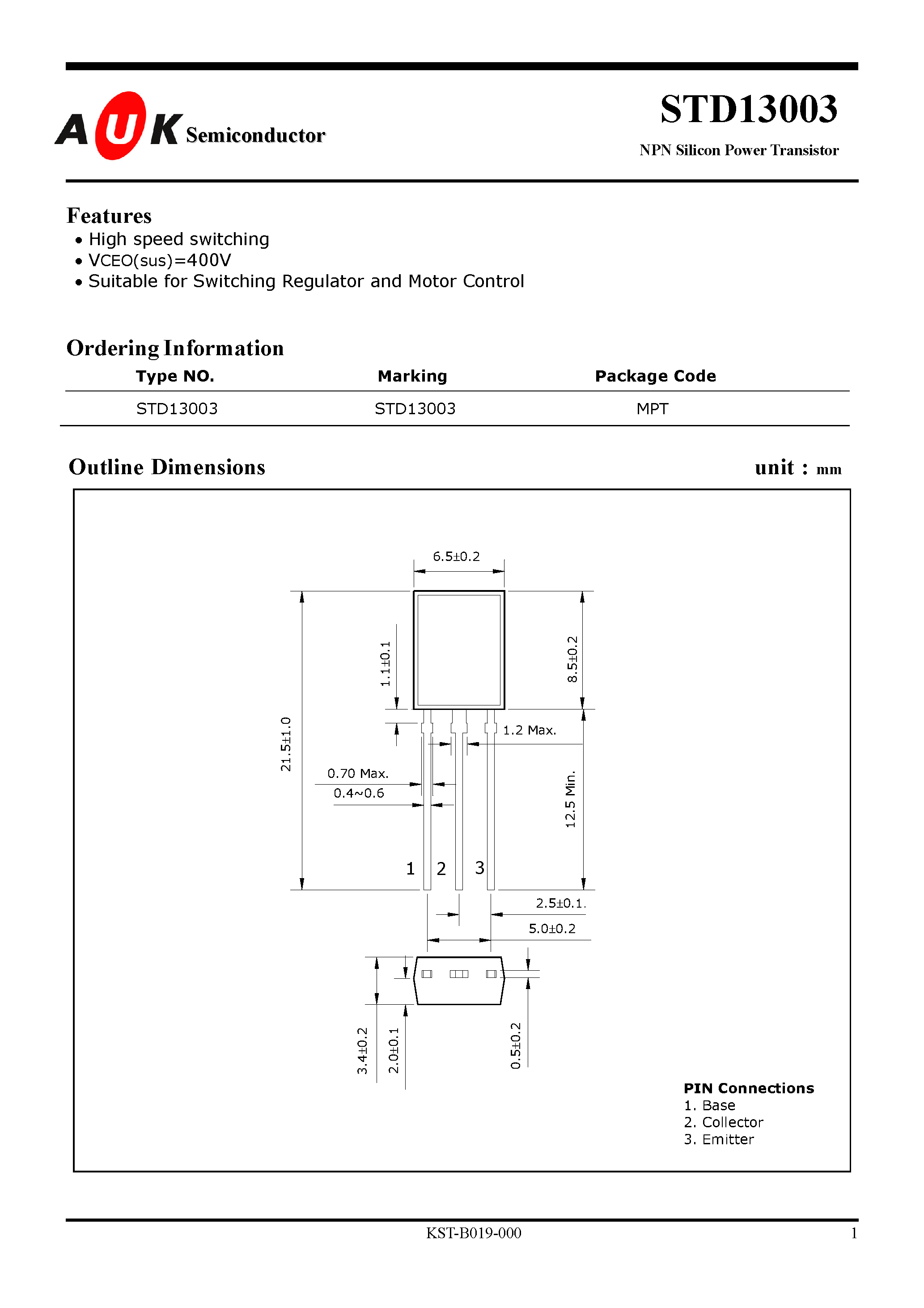 Datasheet STD13003 page 1 Datasheet STD13003 - NPN Silicon Power Transistor page 1