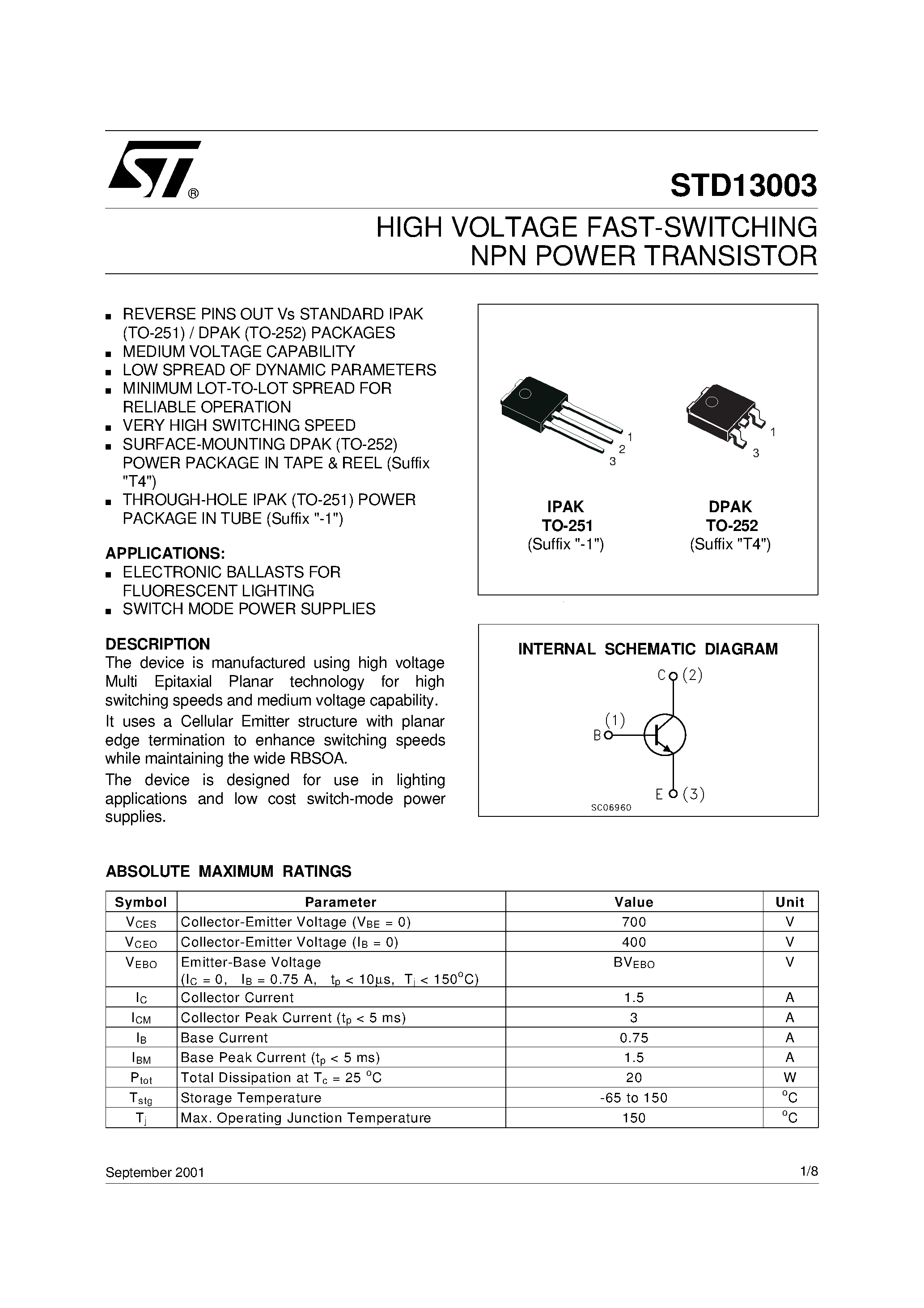 Datasheet STD13003 - HIGH VOLTAGE FAST-SWITCHING NPN POWER TRANSISTOR page 1
