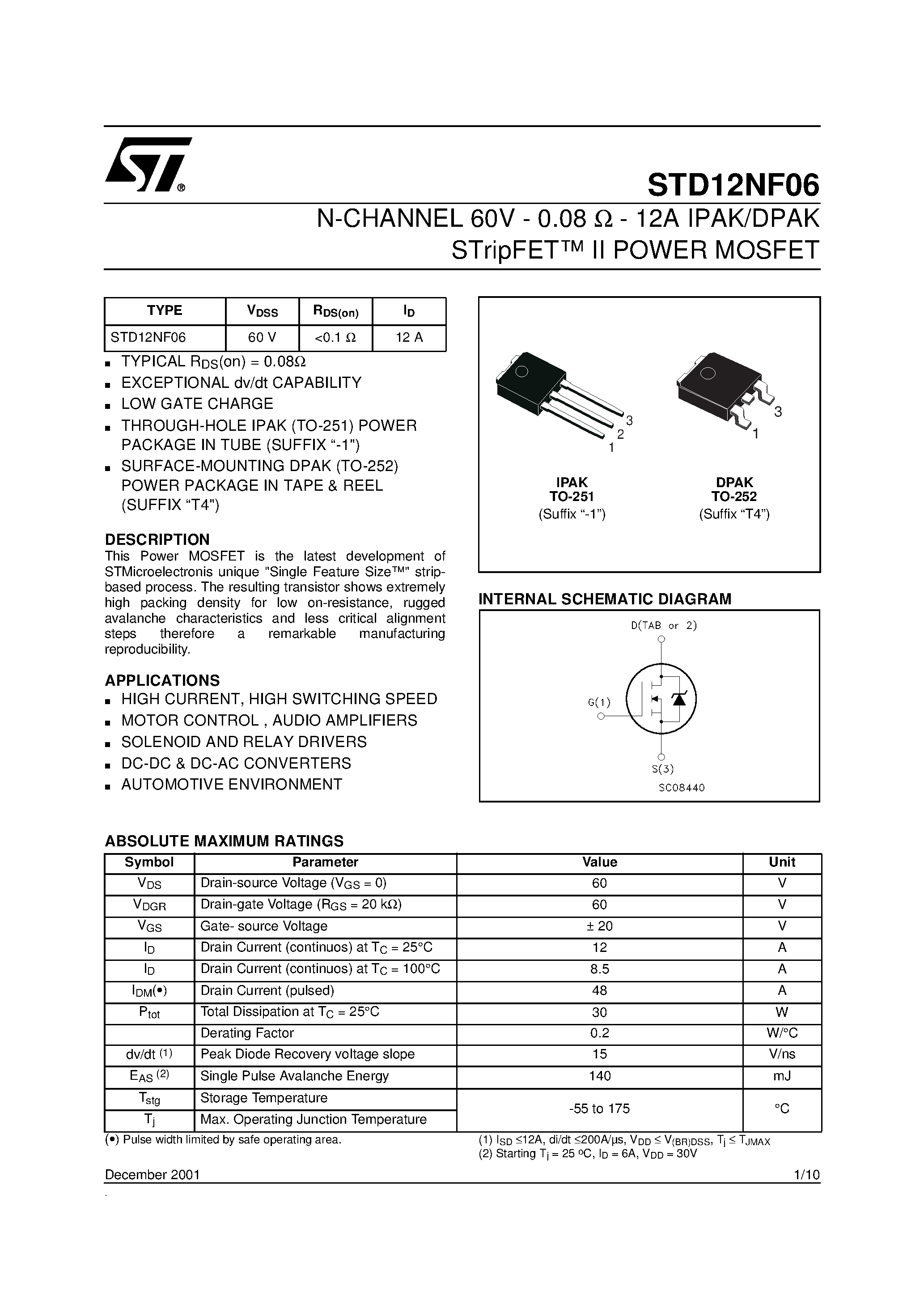 Даташит STD12NF06 - N-CHANNEL POWER MOSFET страница 1
