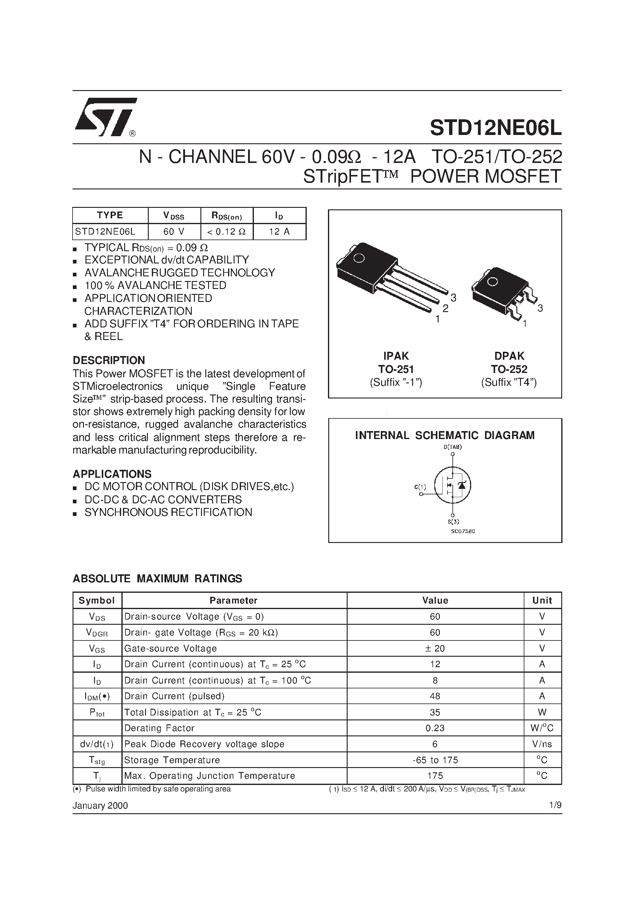 Даташит на микросхему STD12NE06L страница 1 Даташит STD12NE06L - N-CHANNEL POWER MOSFET страница 1