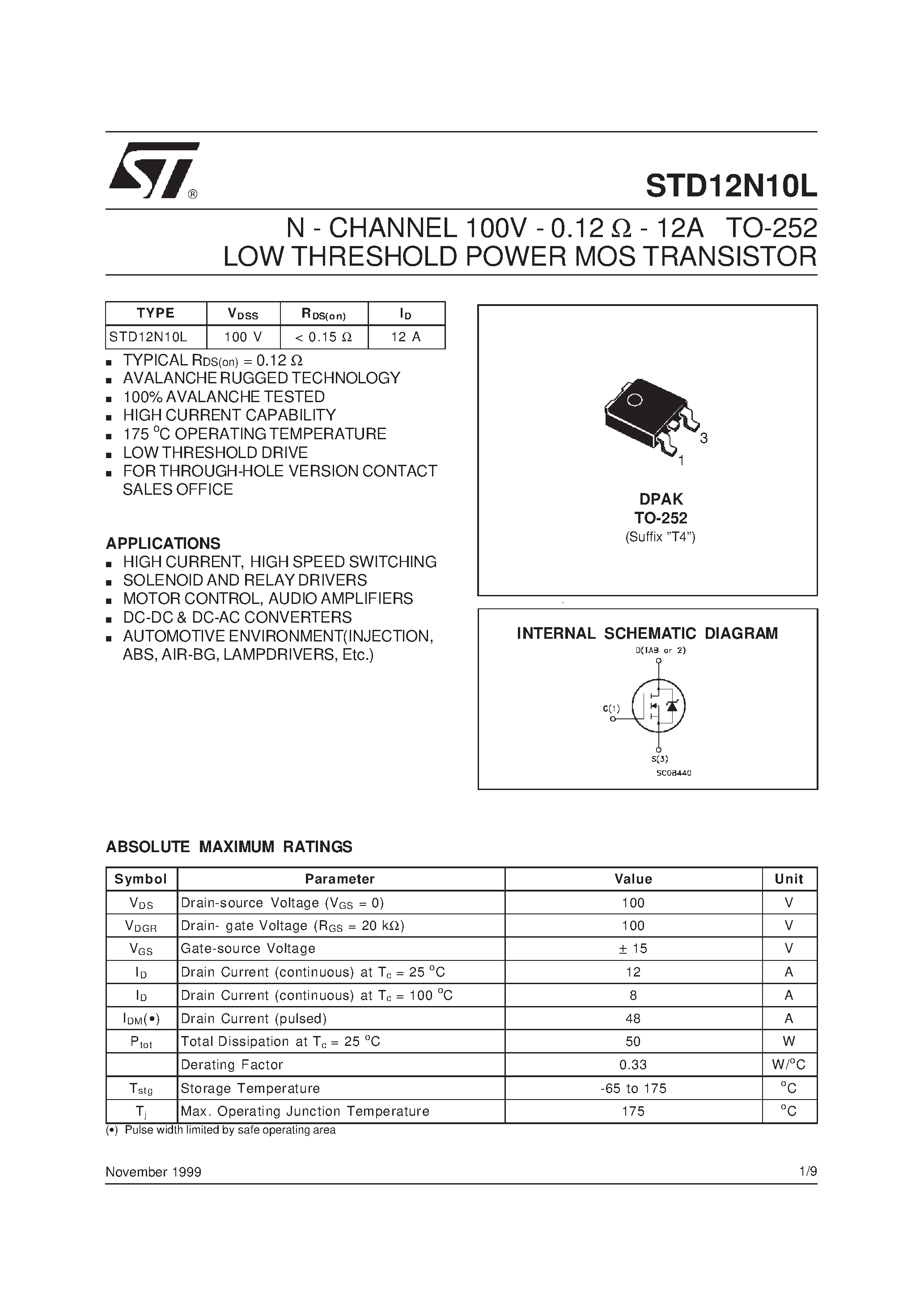 Даташит STD12N10L - N-CHANNEL POWER MOSFET страница 1
