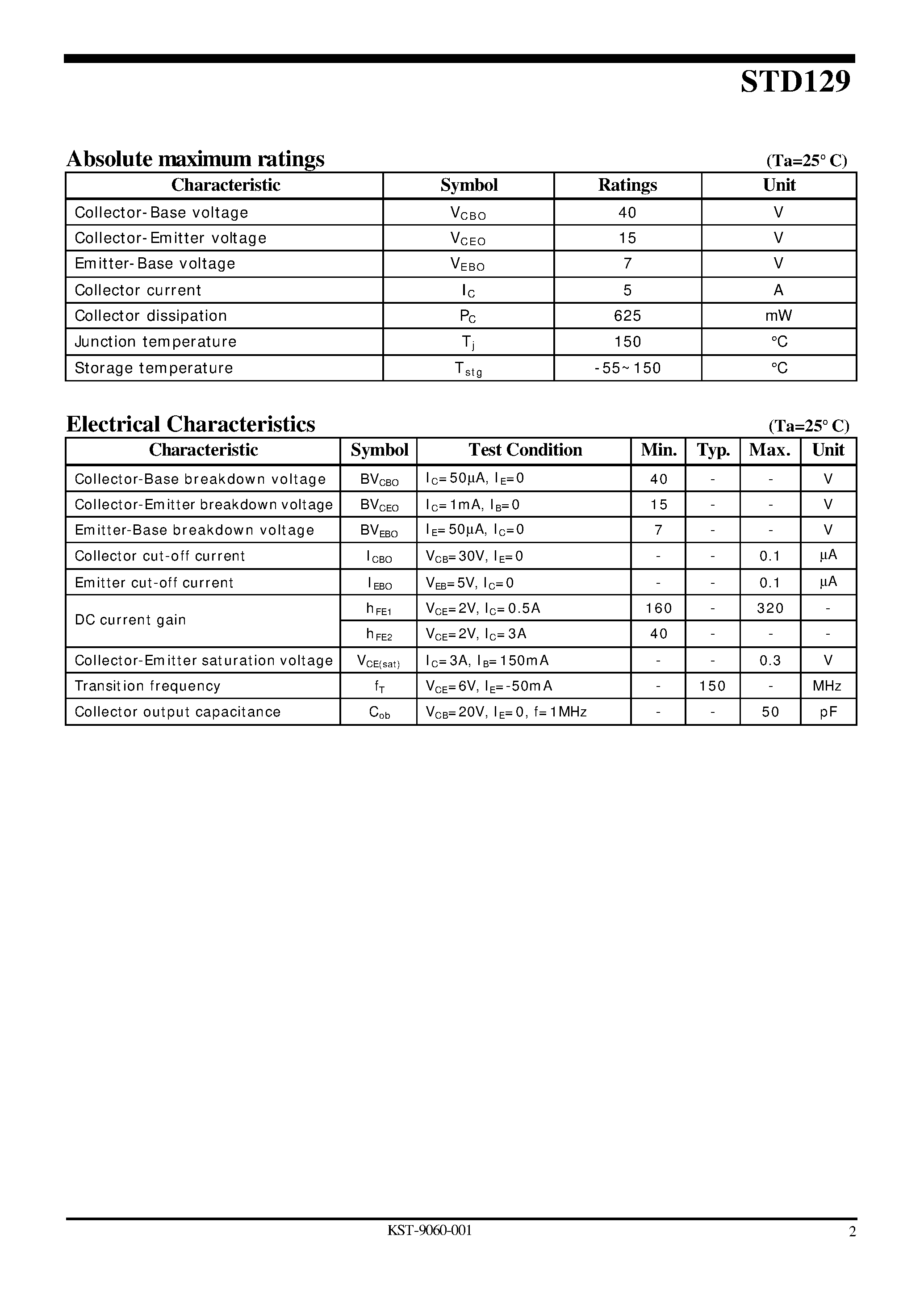Datasheet STD129 page 2 Datasheet STD129 - NPN Silicon Power Transistor page 2