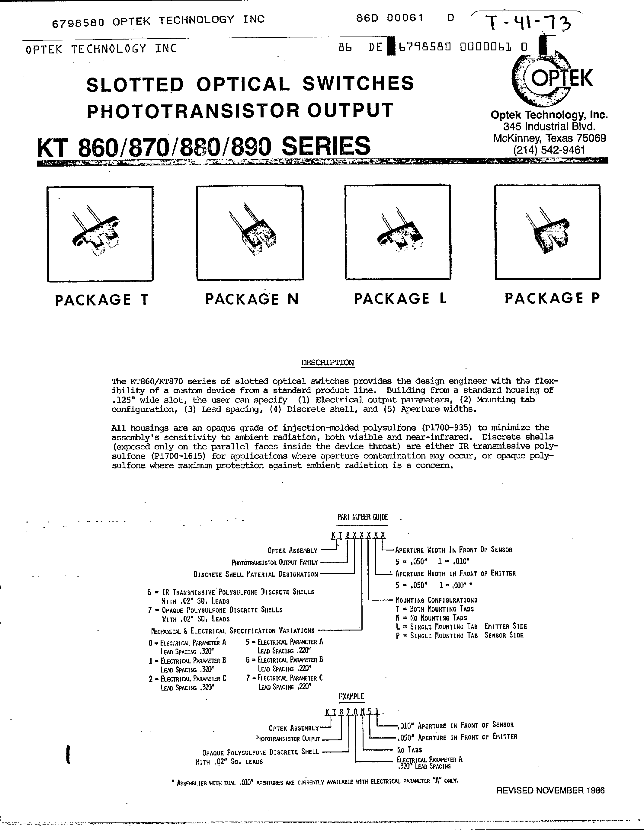 Datasheet KT860 - (KT860 / KT870 / KT880 / KT890 Series) Slotted Optical Switches / Photo Transistor Output page 1