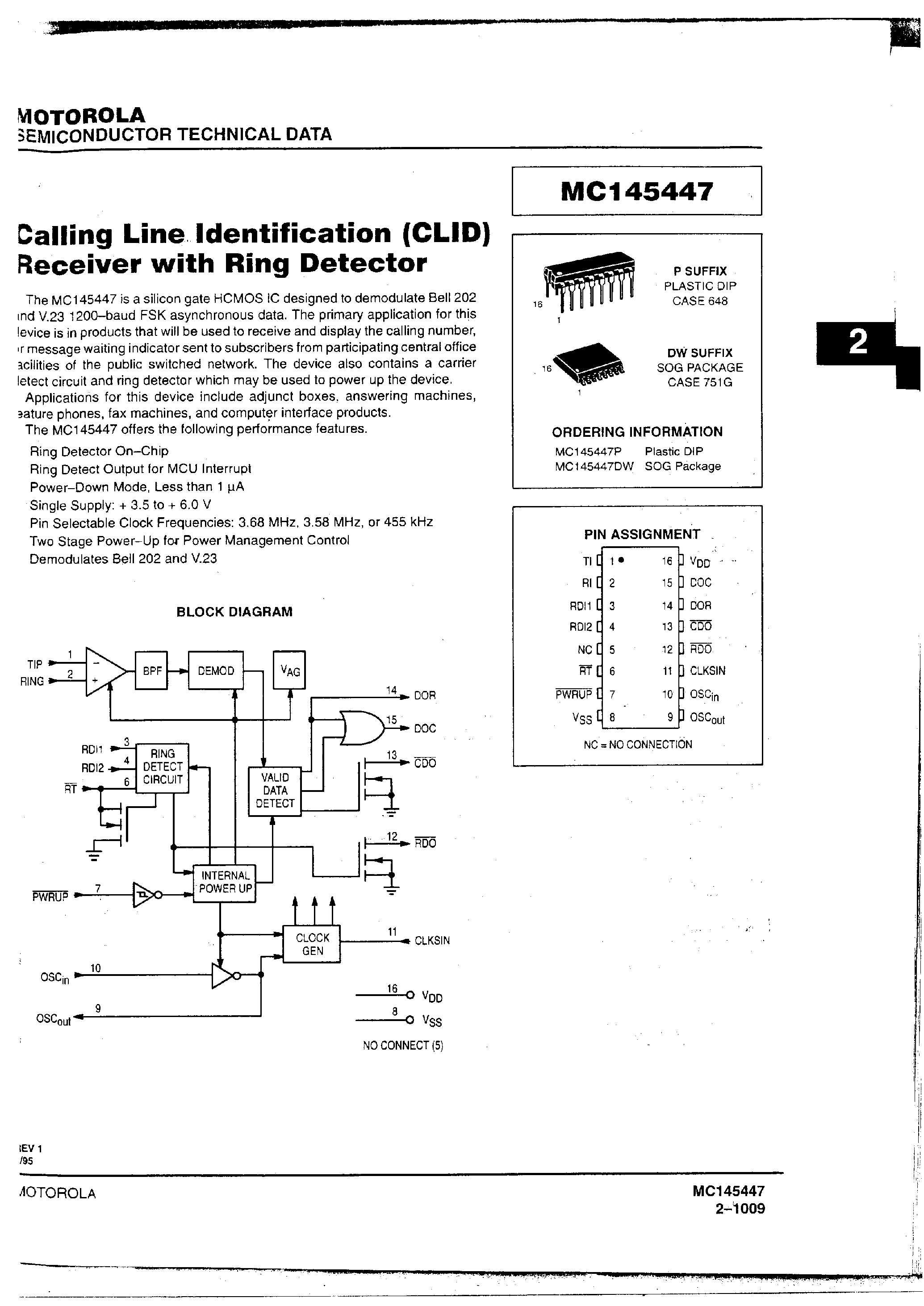 Даташит на микросхему MC145447 страница 1 Даташит MC145447 - Calling Line Identification(CLID) Receiver with Ring Detector страница 1