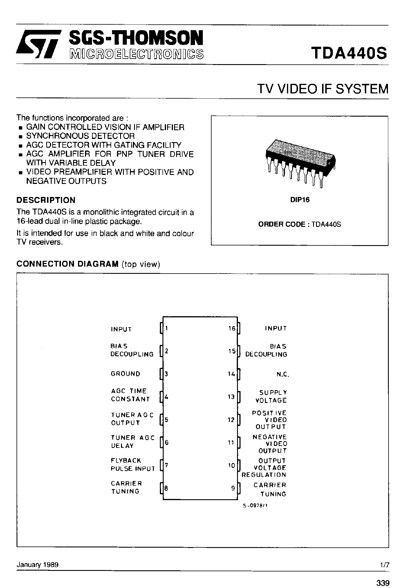 Datasheet TDA440S - TV Video IF System page 1