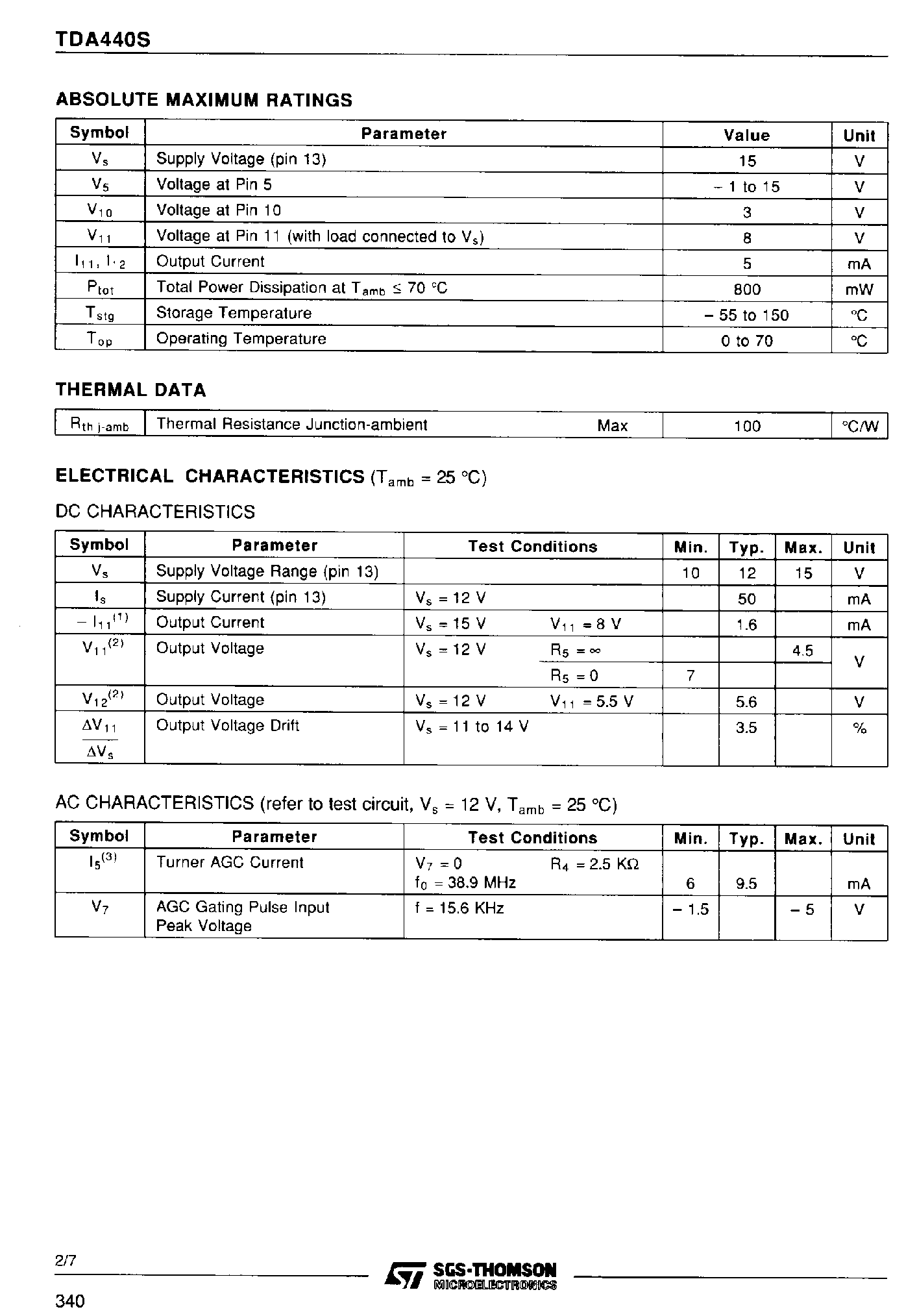 Datasheet TDA440S - TV Video IF System page 2