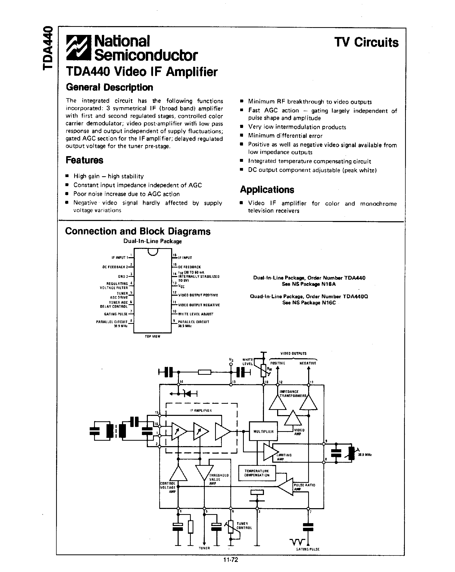 Datasheet TDA440 page 1 Datasheet TDA440 - Video IF Amplifier page 1