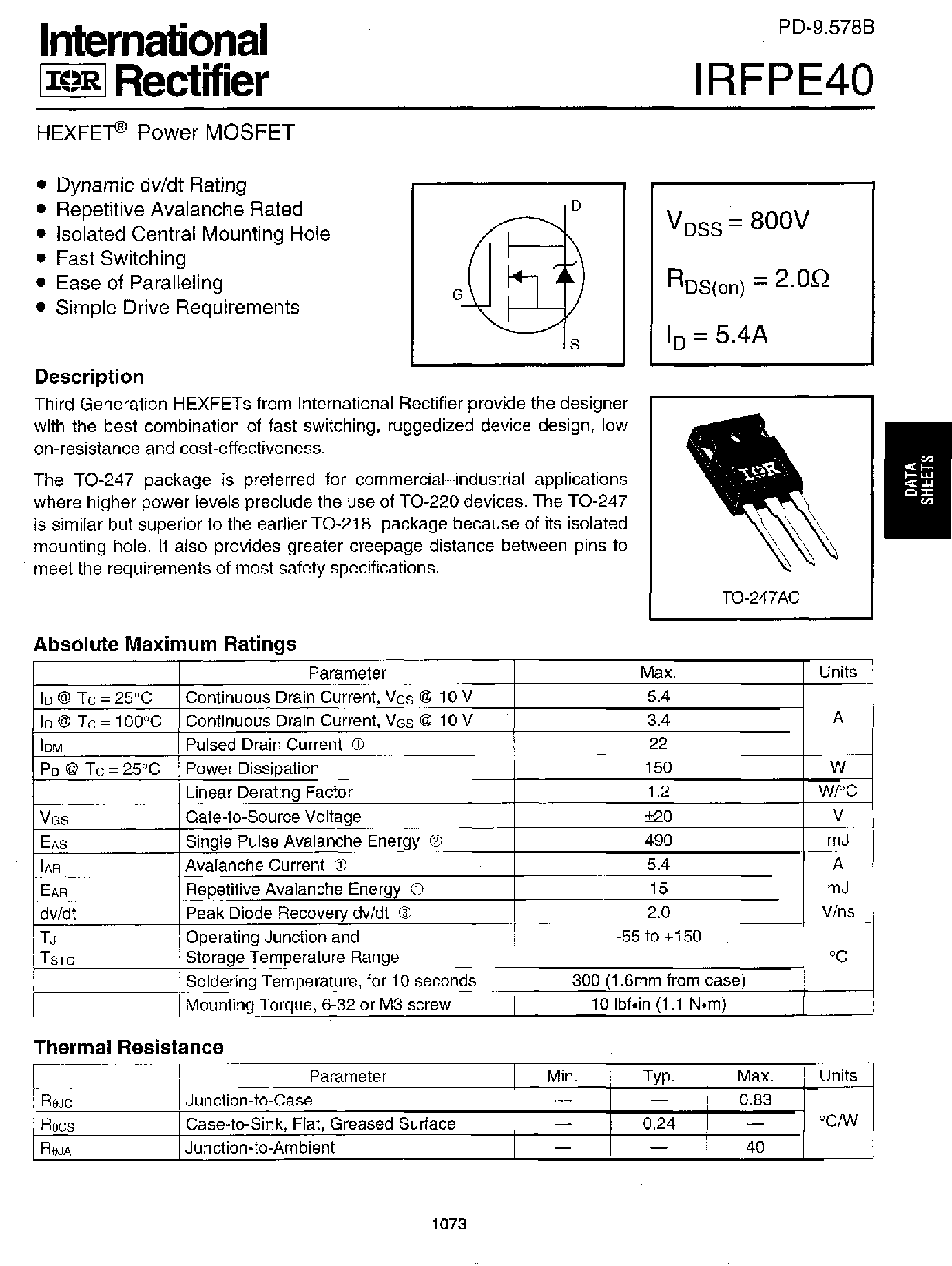 Datasheet IRFPE40 - Power MOSFET page 1