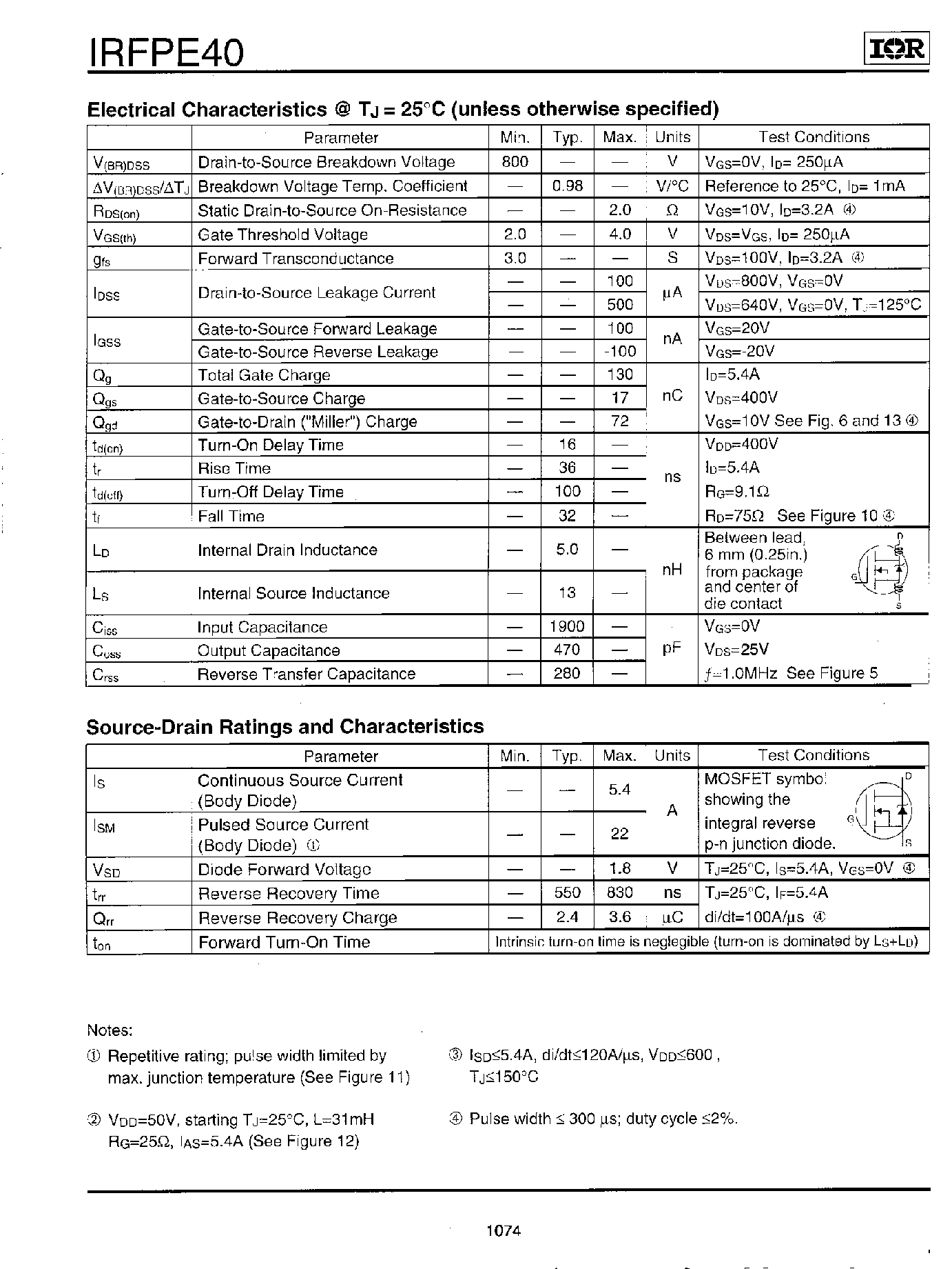 Даташит IRFPE40 - Power MOSFET страница 2