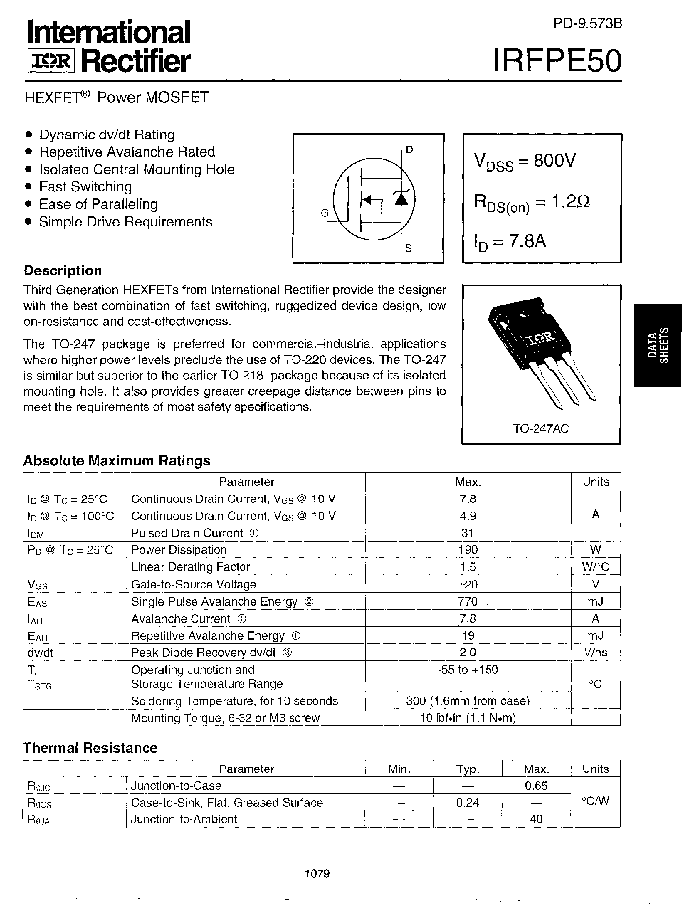 Datasheet IRFPE50 - Power MOSFET page 1