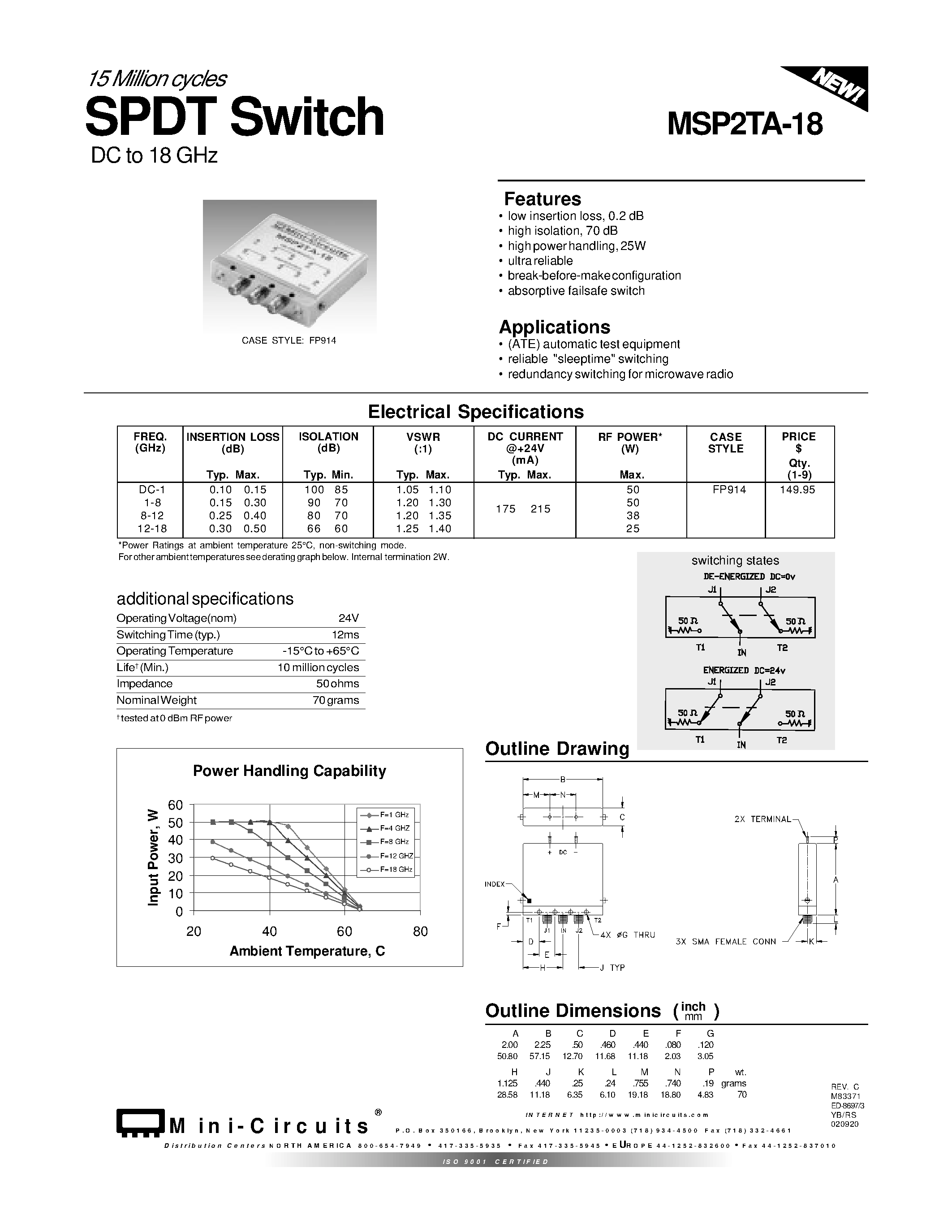 Datasheet MSP2TA-18 page 1 Datasheet MSP2TA-18 - SPDT Switch page 1