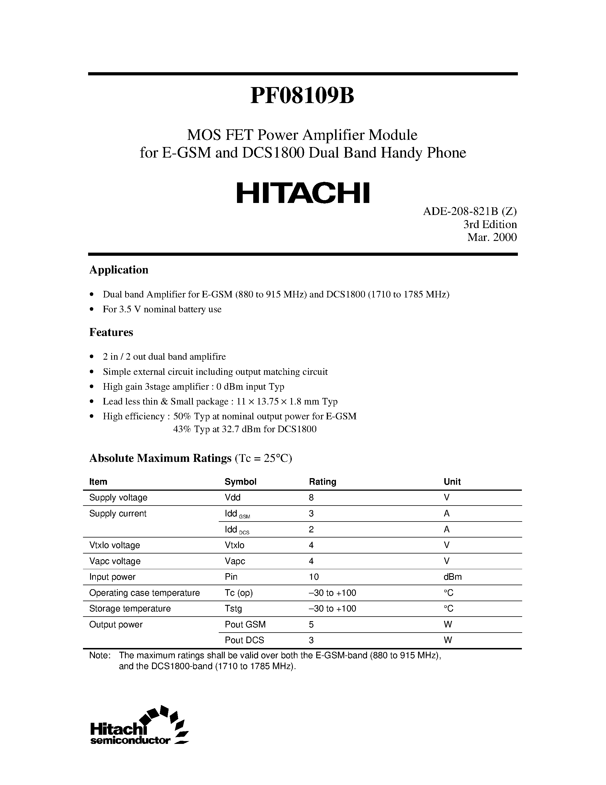 Даташит на микросхему PF08109B страница 1 Даташит PF08109B - MOS FET Power Amplifier Module страница 1