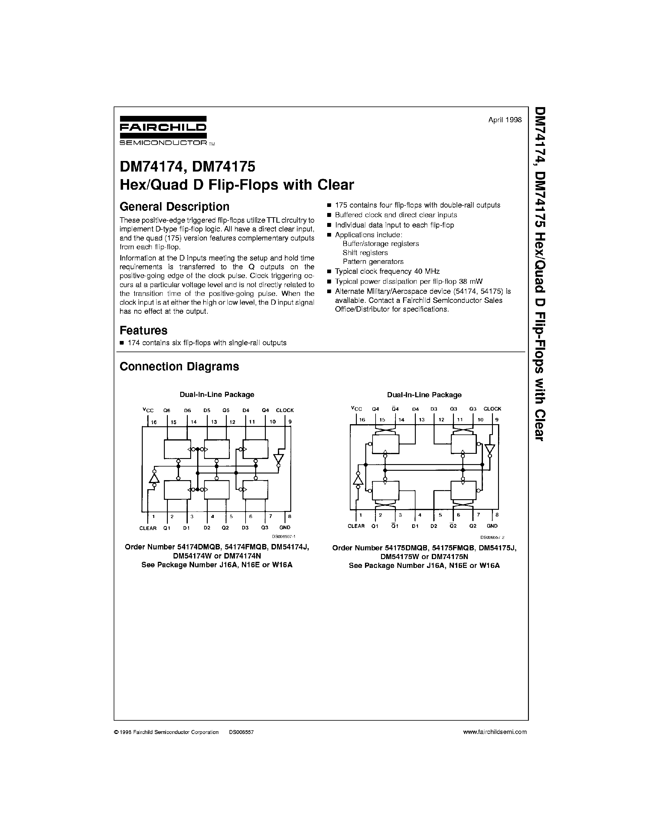 Datasheet 74174 - Hex / Quad D F-F with Clear page 1