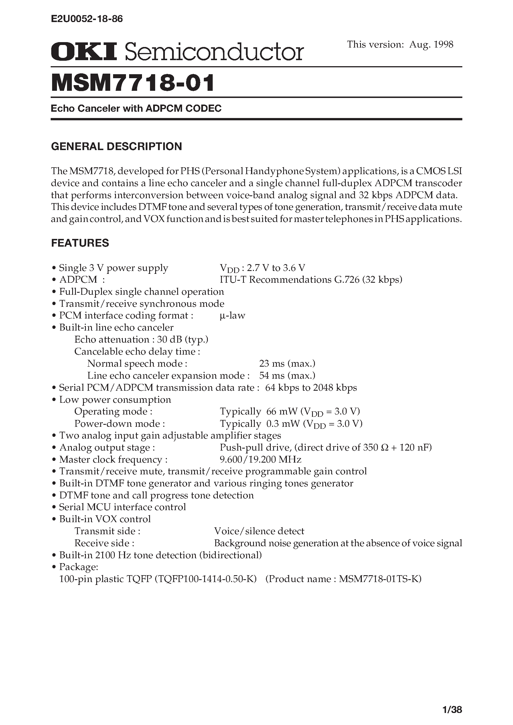Даташит MSM7718-01-Echo Canceler with ADPCM CODEC страница 1