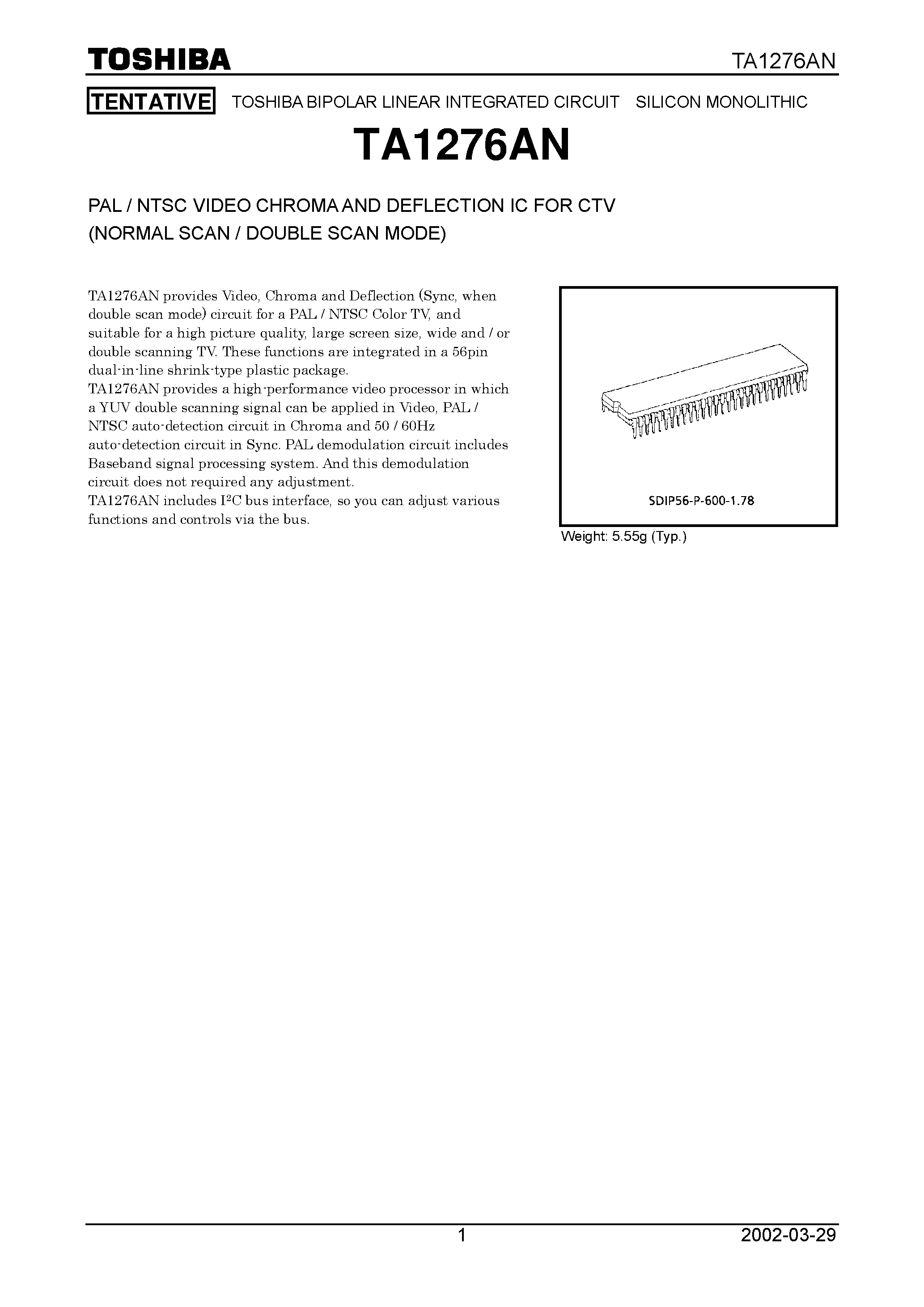 Даташит на микросхему TA1276AN страница 1 Даташит TA1276AN - TOSHIBA BIPOLAR LINEAR INTEGRATED CIRCUIT SILICON MONOLITHIC страница 1