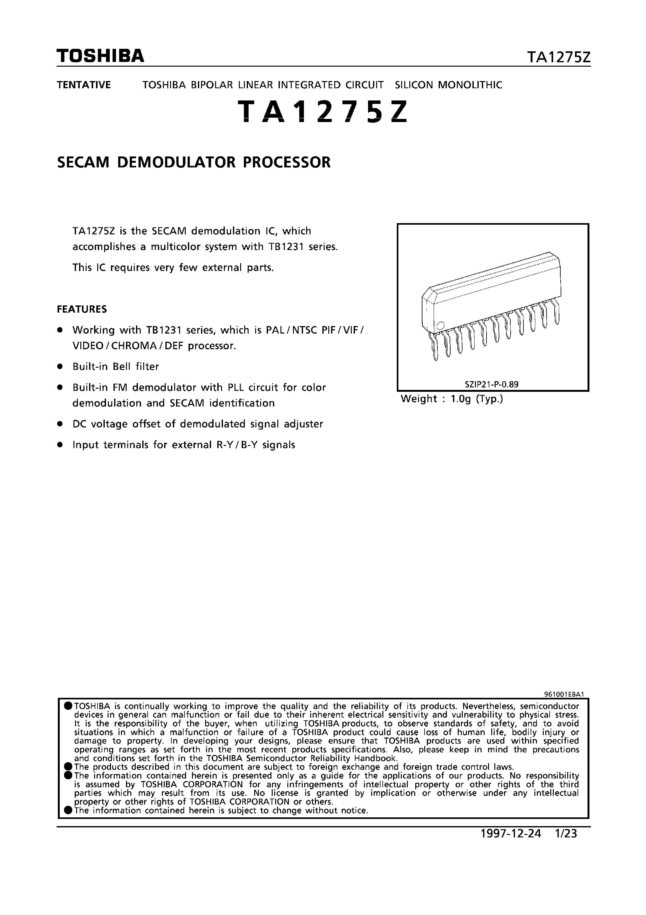 Datasheet TA1275Z - SECAM DEMODULATOR PROCESSOR page 1