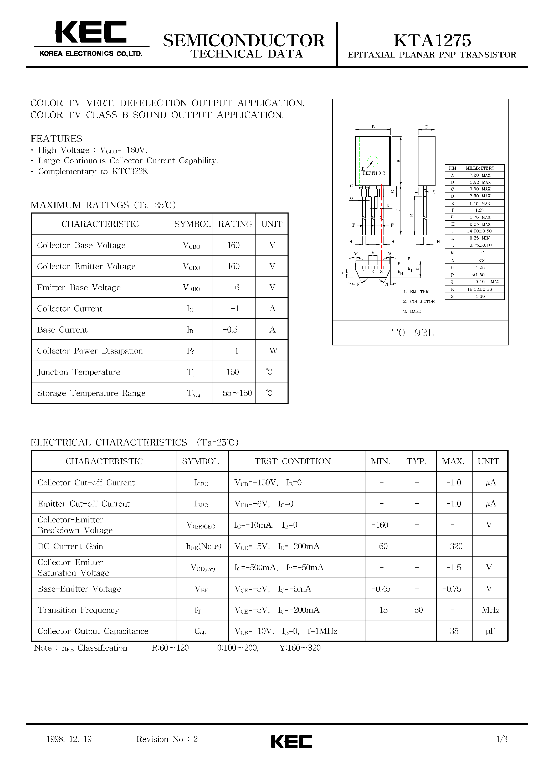 Datasheet TA1275 - EPITAXIAL PLANAR PNP TRANSISTOR page 1