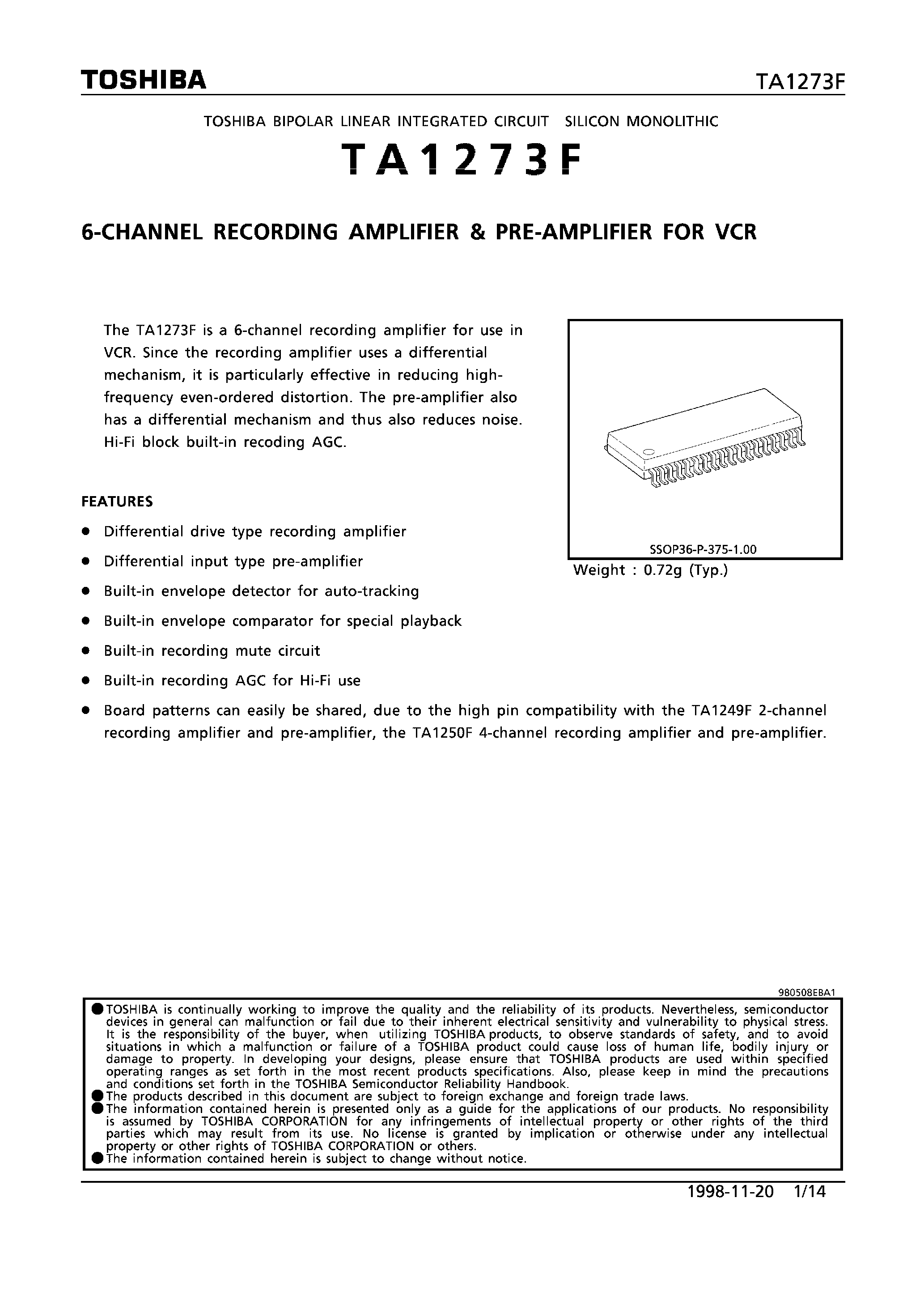 Datasheet TA1273F - 6-CHANNEL RECORDING AMPLIFIER & PRE-AMPLIFIER FOR VCR page 1
