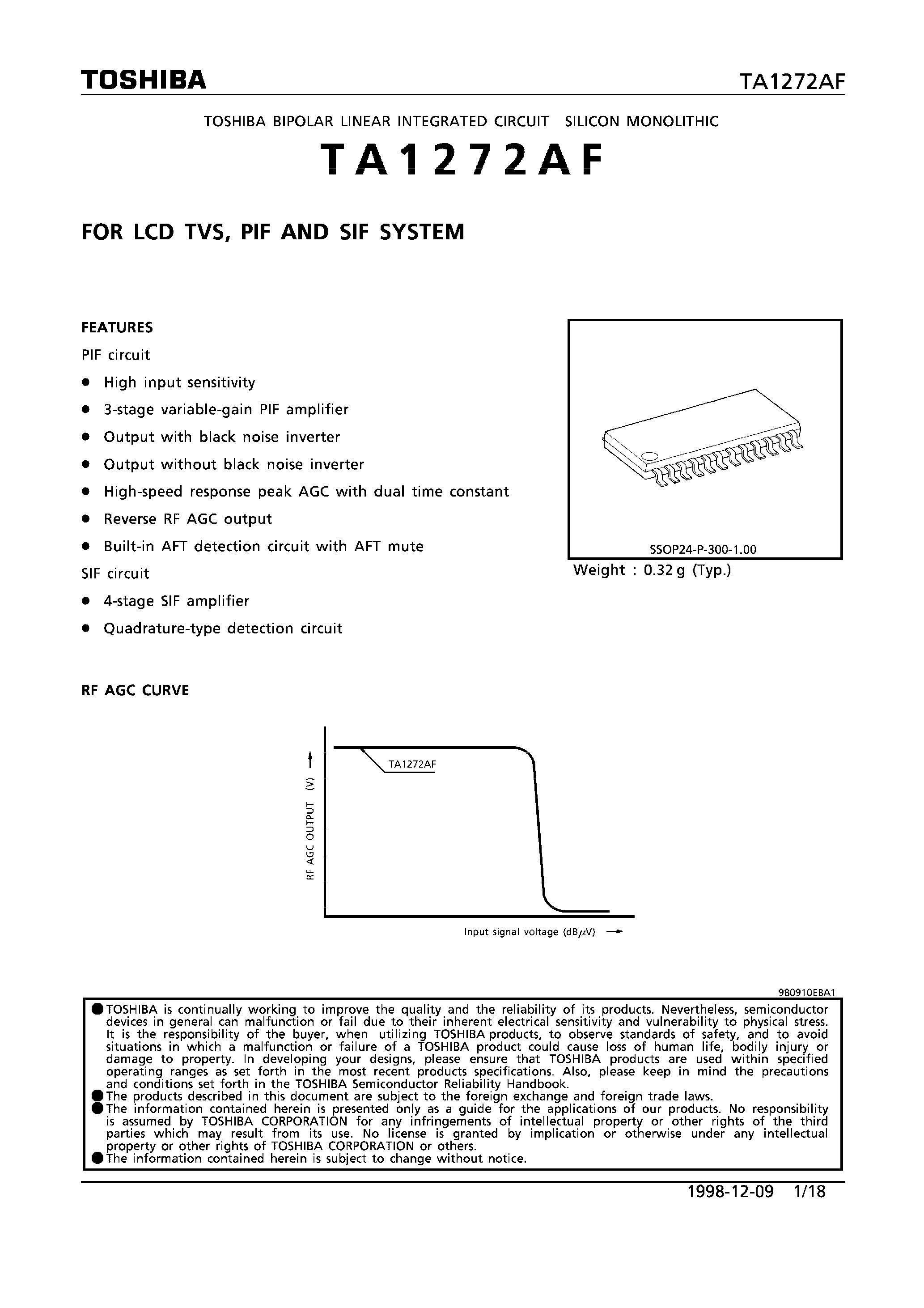 Datasheet TA1272AF - FOR LCD TVS / PIF AND SIF SYSTEM page 1