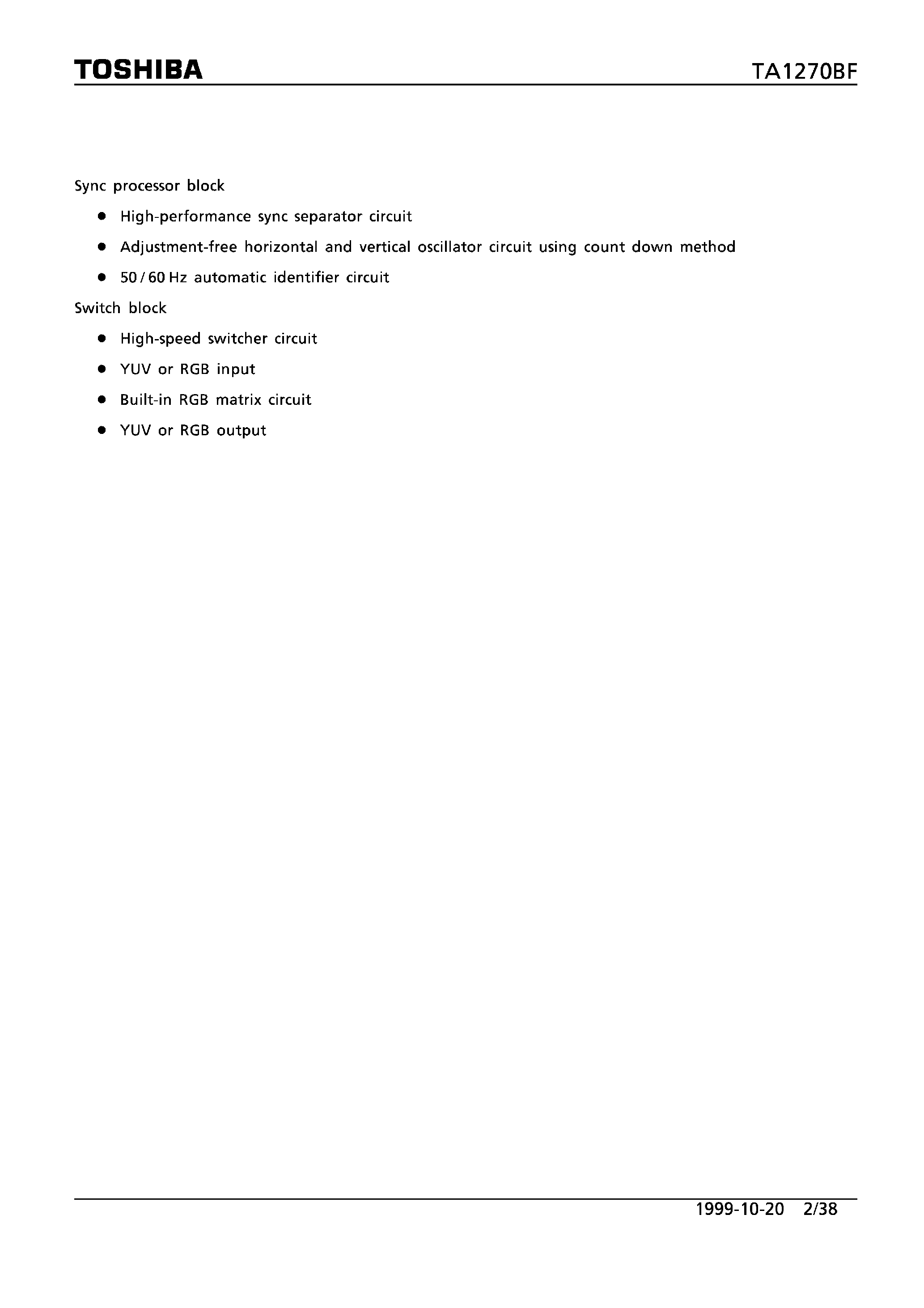 Даташит на микросхему TA1270BF страница 2 Даташит TA1270BF - PAL/NTSC VIDEO AND CHROMA SYNC PROCESSING SYSTEM FOR PIP/POP/PAP страница 2