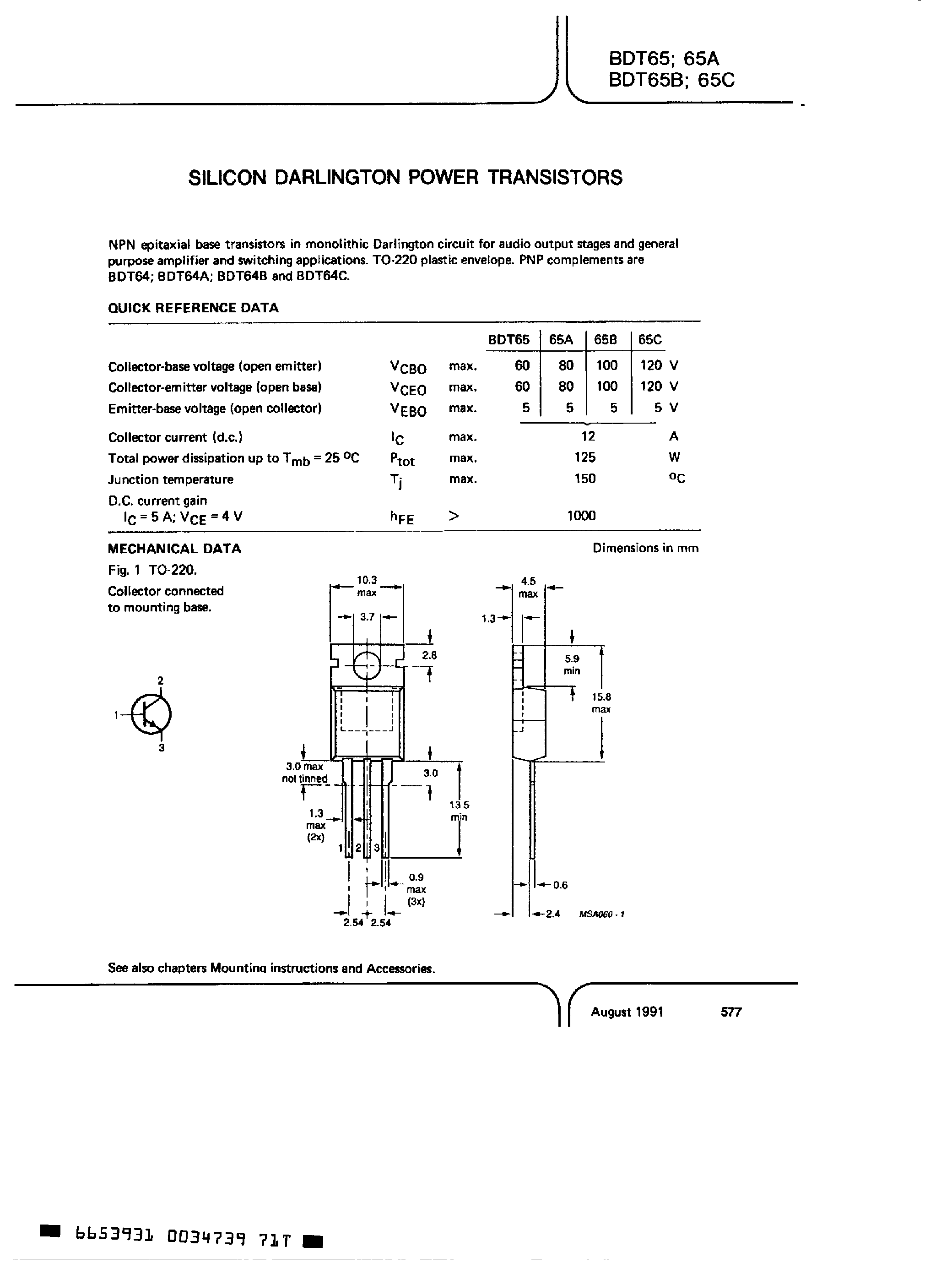 Даташит BDT65 - Silicon Darlington Power Transistors страница 1