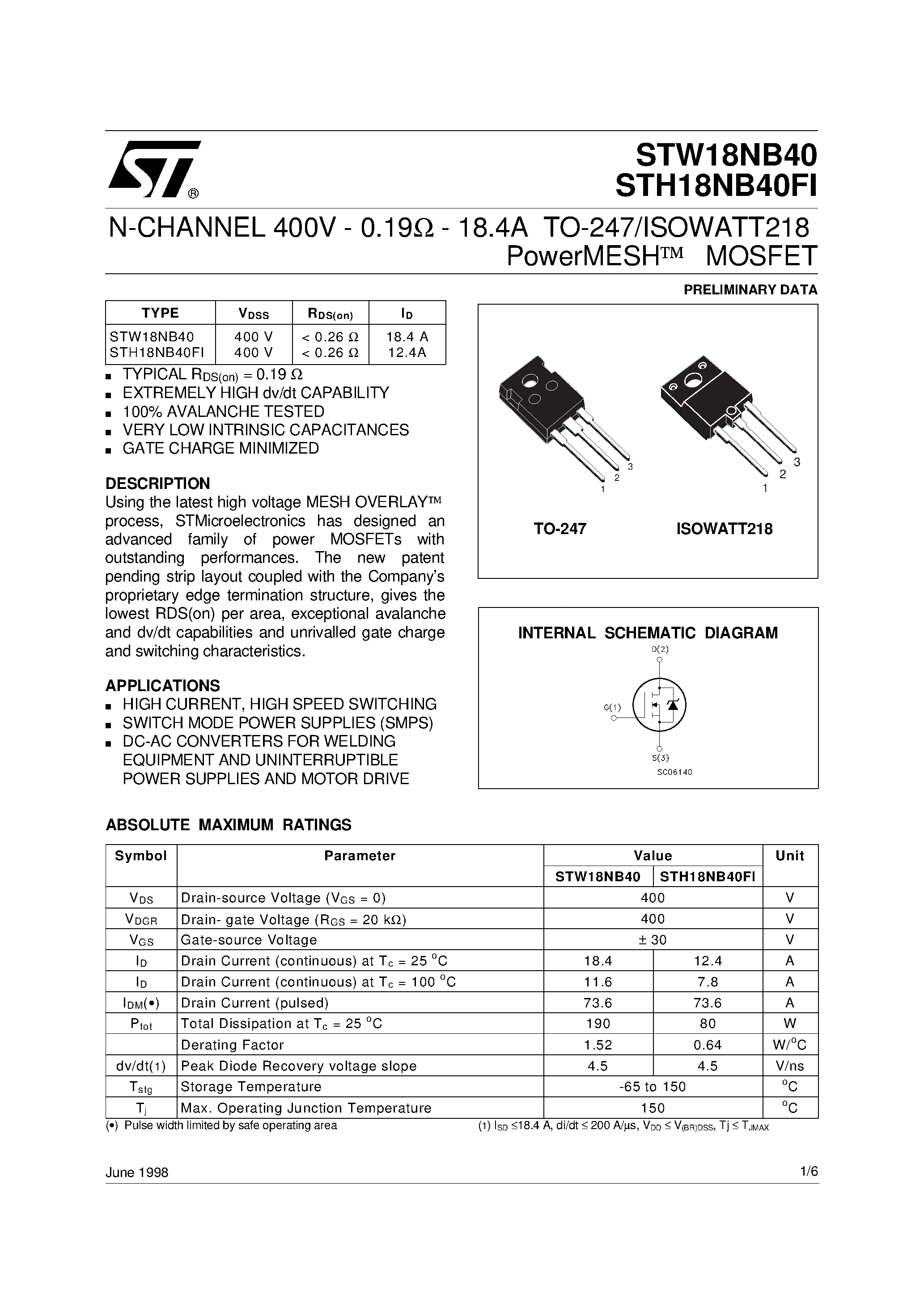 Datasheet STH18NB40 - N-CHANNEL Power MOS MOSFET page 1