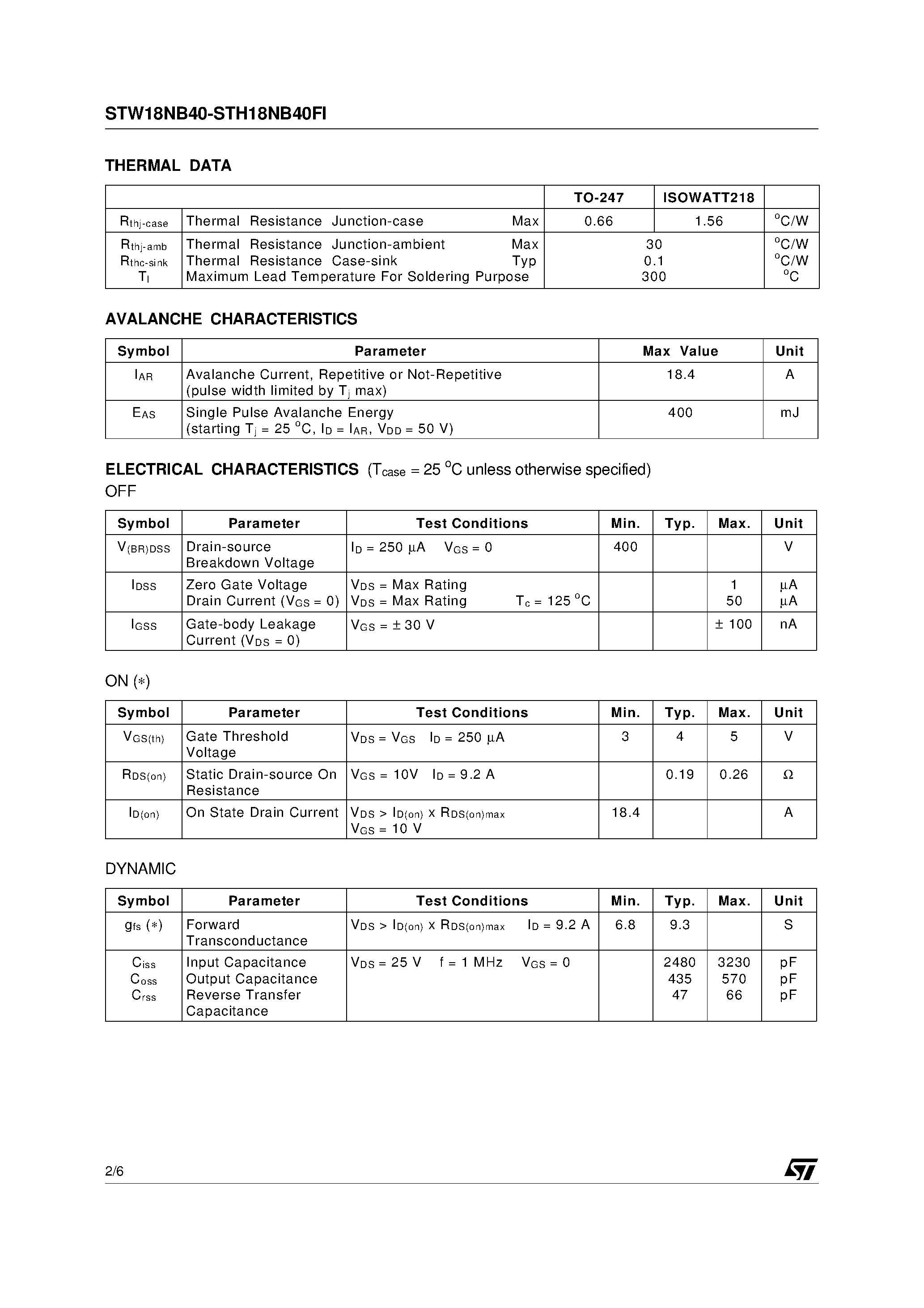 Datasheet STH18NB40 - N-CHANNEL Power MOS MOSFET page 2