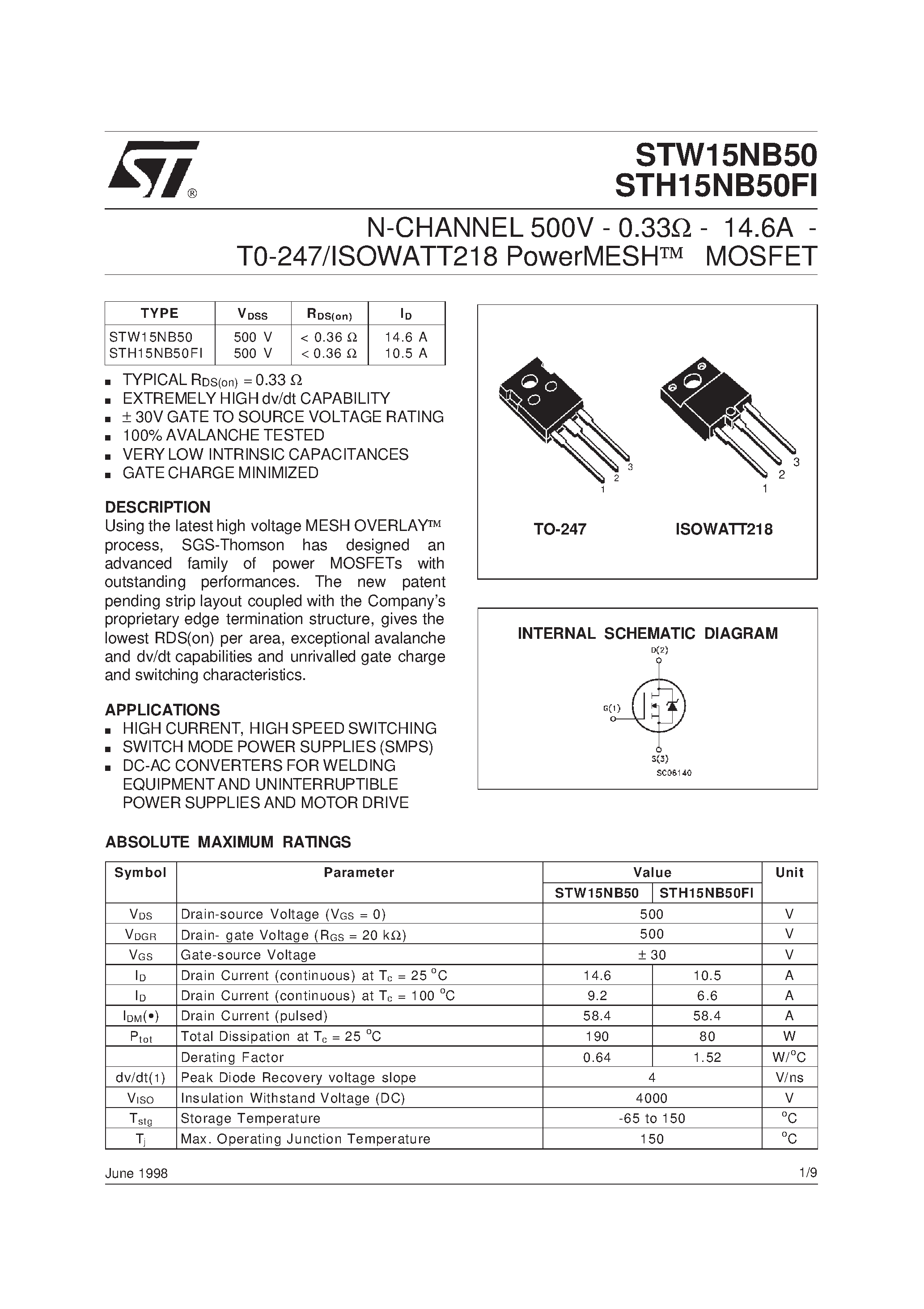 Datasheet STH15NB50 - N-CHANNEL Power MOS MOSFET page 1