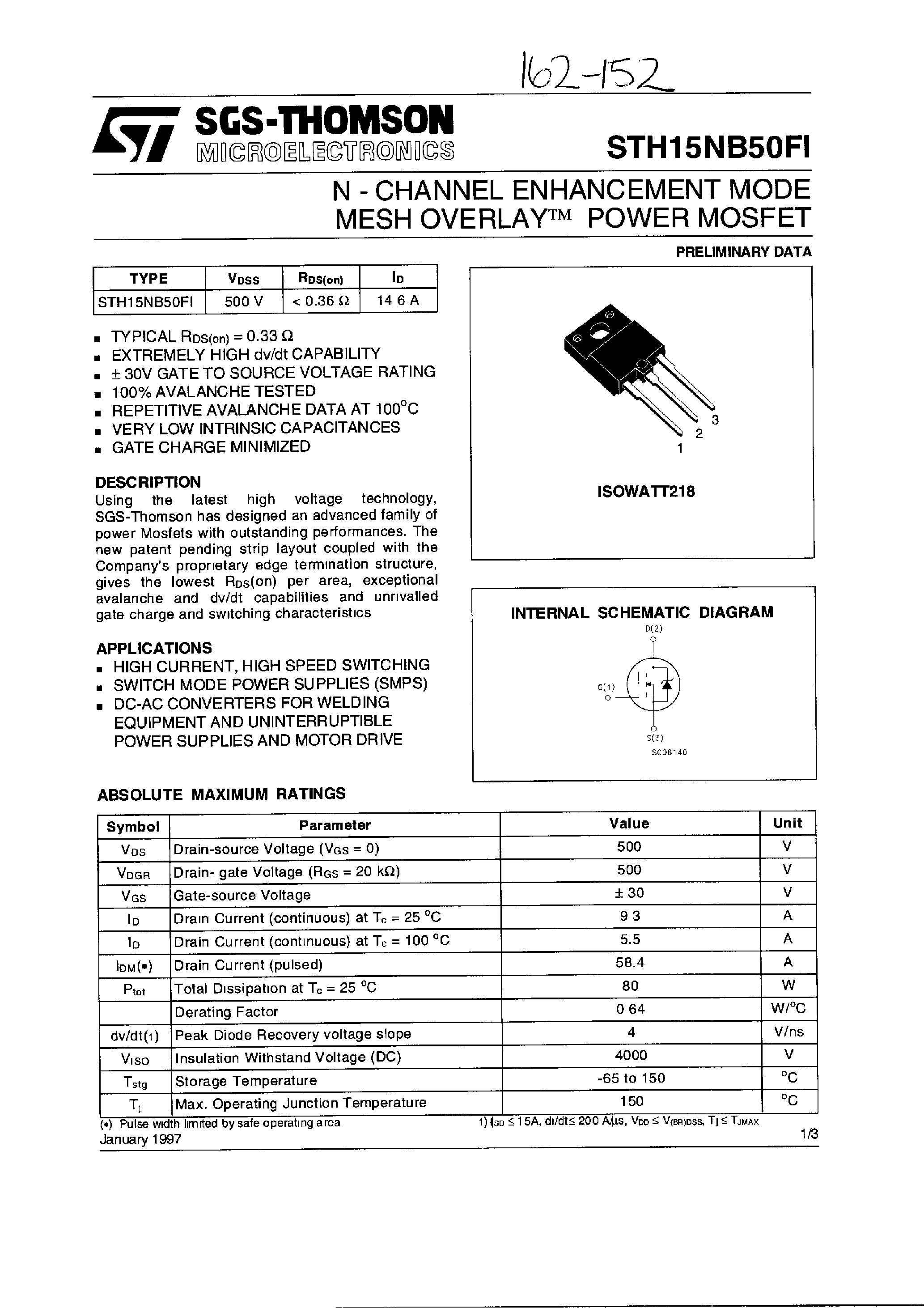 Datasheet STH15NB50FI - N-CHANNEL Power MOS MOSFET page 1