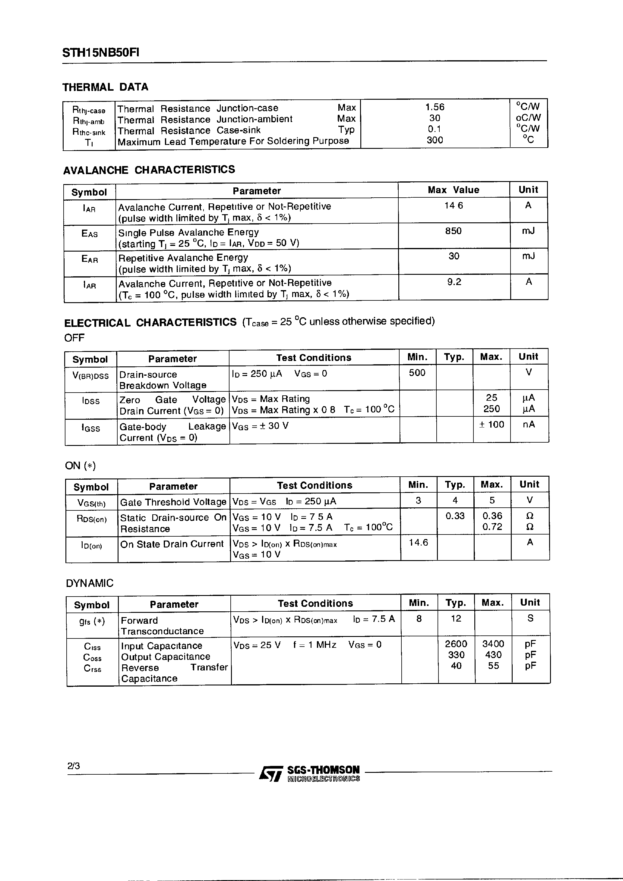 Datasheet STH15NB50FI - N-CHANNEL Power MOS MOSFET page 2