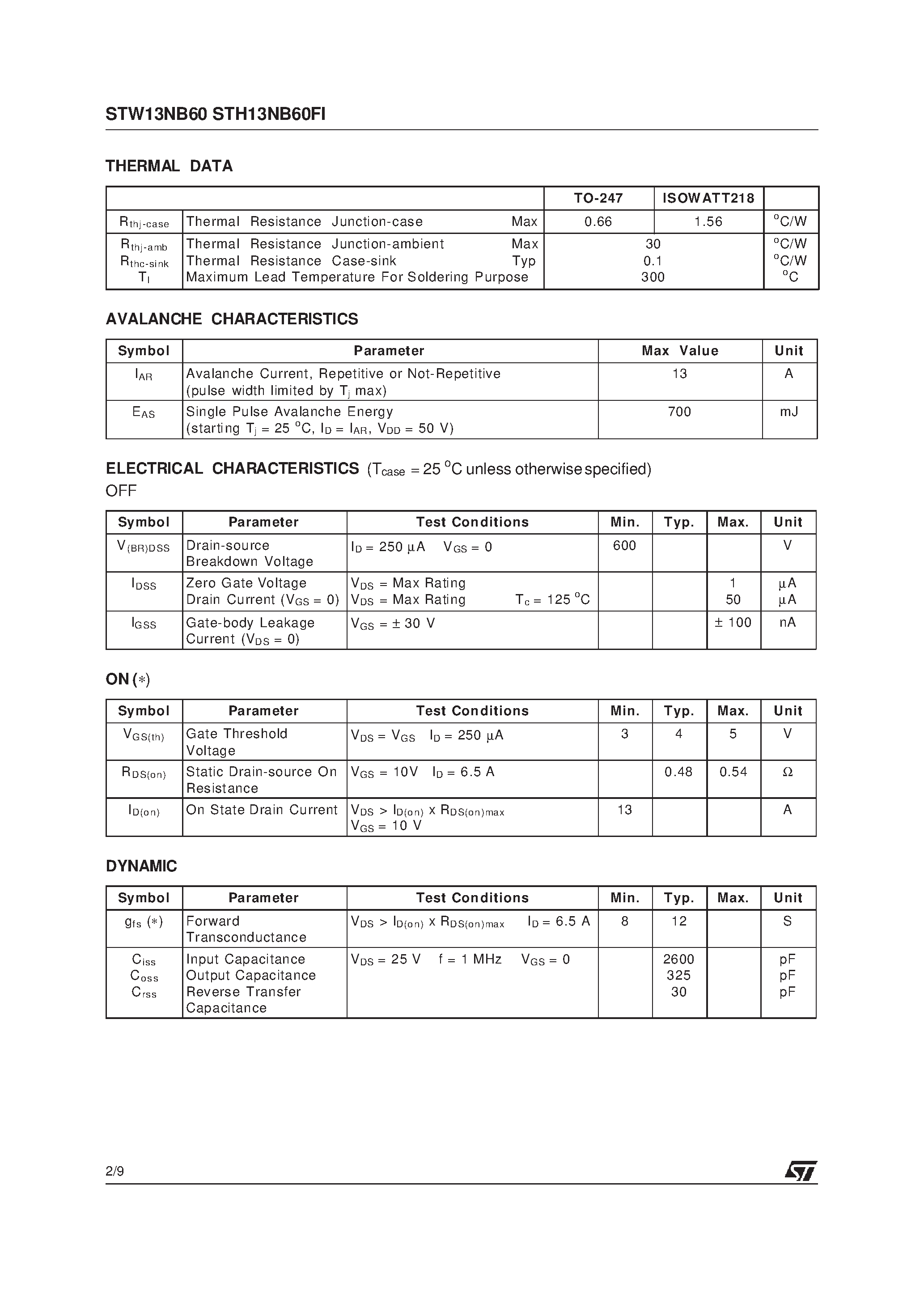 Datasheet STH13NB60 - N-CHANNEL Power MOS MOSFET page 2
