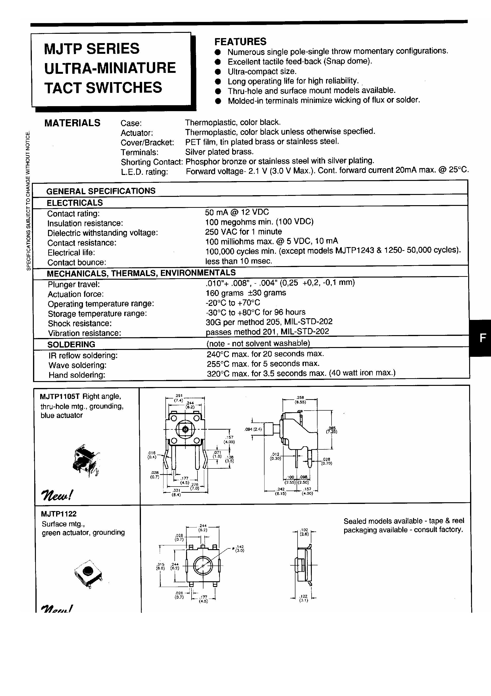 Даташит на микросхему MJTP1230 страница 1 Даташит MJTP1230 - Ultra Miniature Tact Switches страница 1