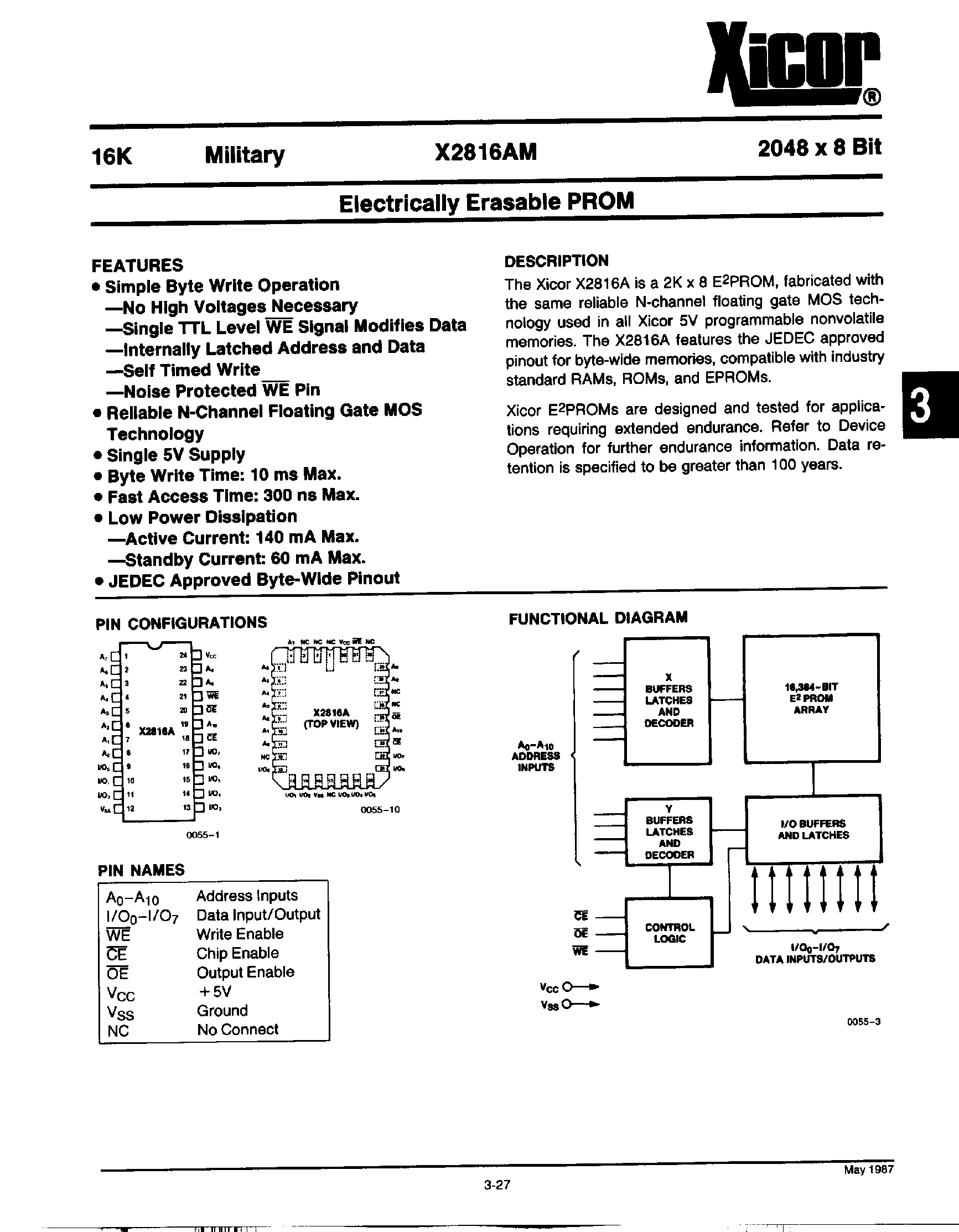 Datasheet X2816AM - 2048 x 8-Bit / Electrically EPROM page 1