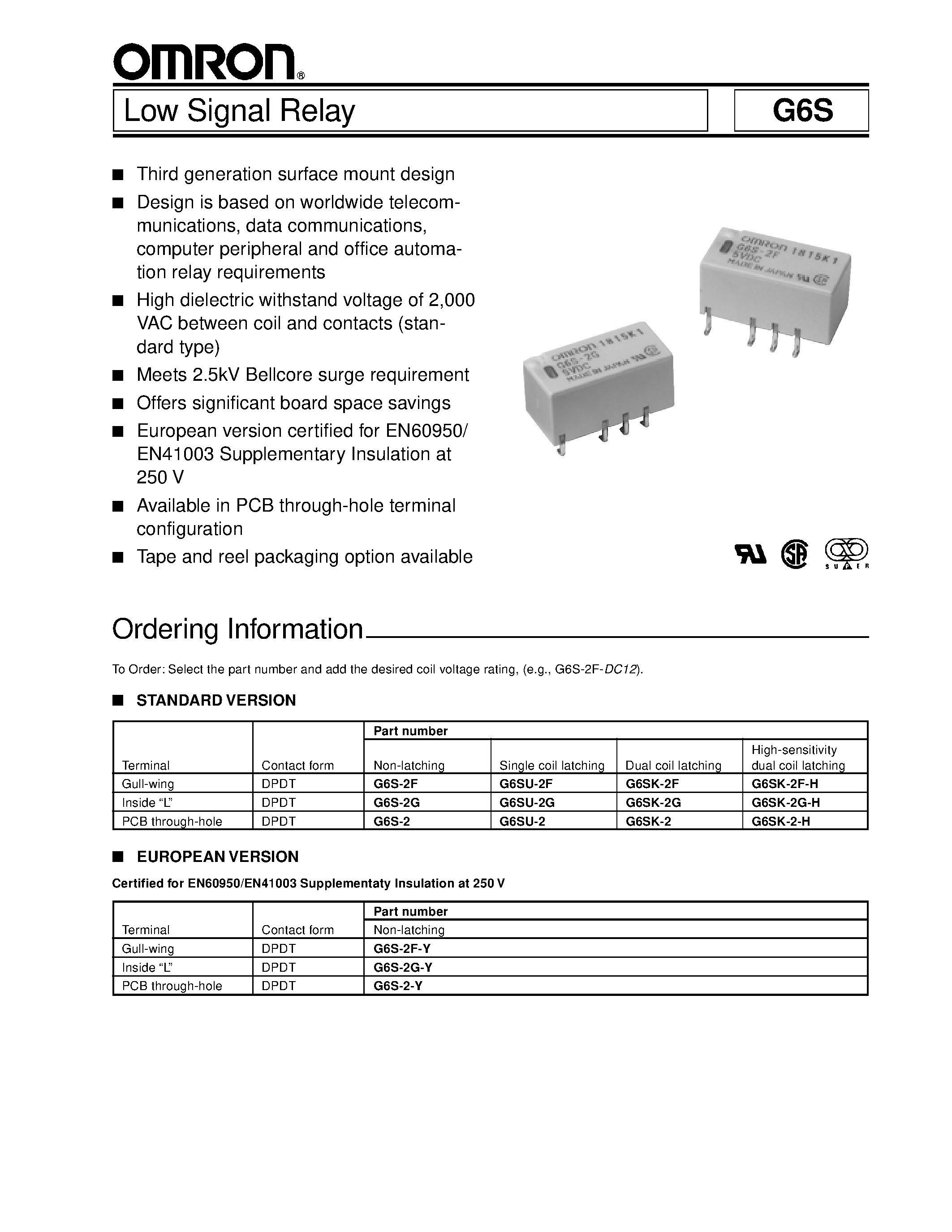 Даташит G6S-2F-xxx - Low Signal Relay страница 1