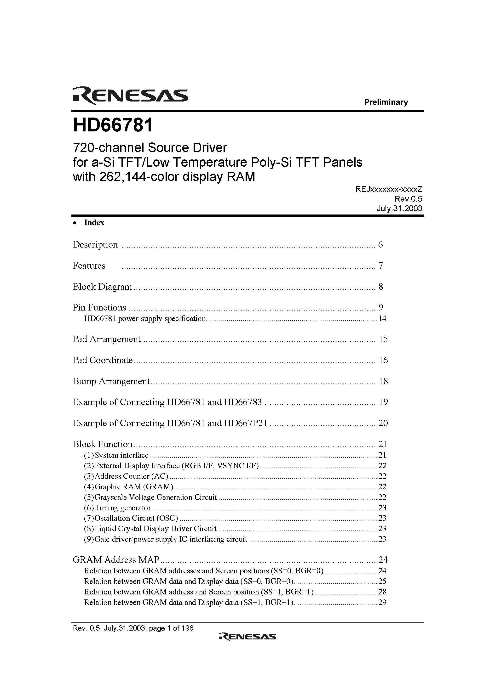 Datasheet HD66781 - 720-Channel Source Driver for a-Si TFT/Low Temperature Poli-Si TFT Panels page 1