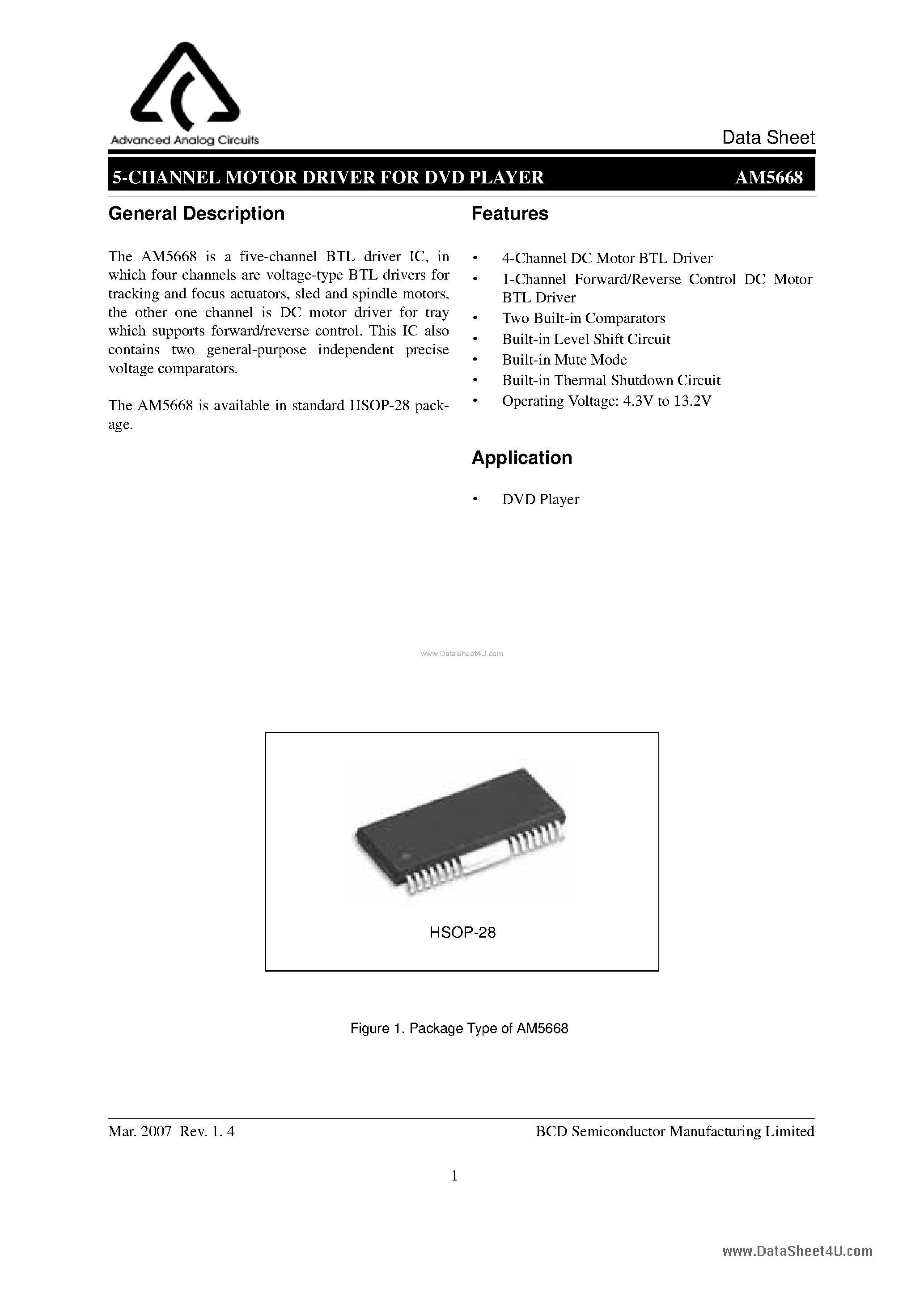 Datasheet AM5668 - 5-Channel Motor Driver for DVD Player page 1