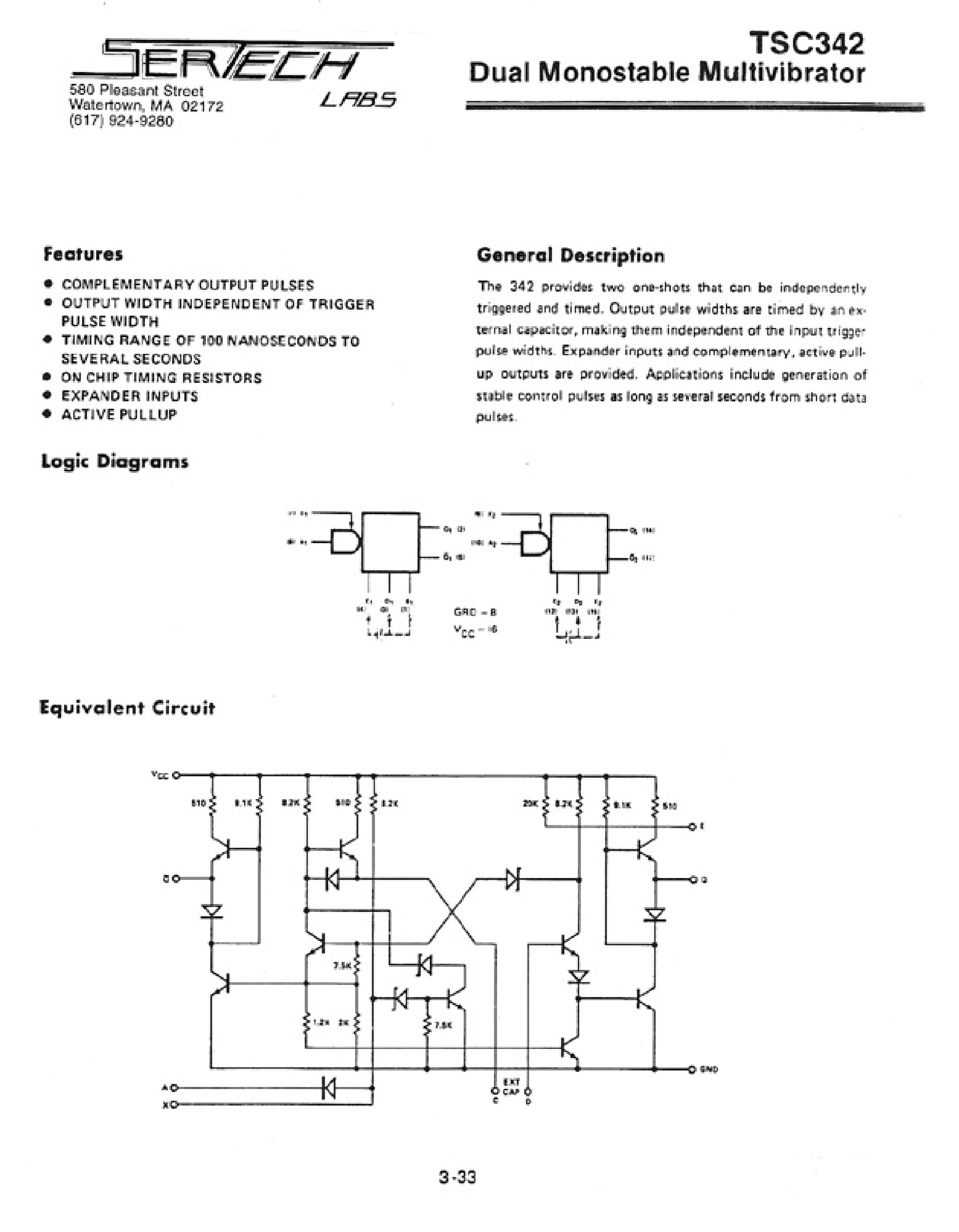 Datasheet TC342 page 1 Datasheet TC342 - High Noise Immunity Logic / Dual Monostable Multivibrator page 1