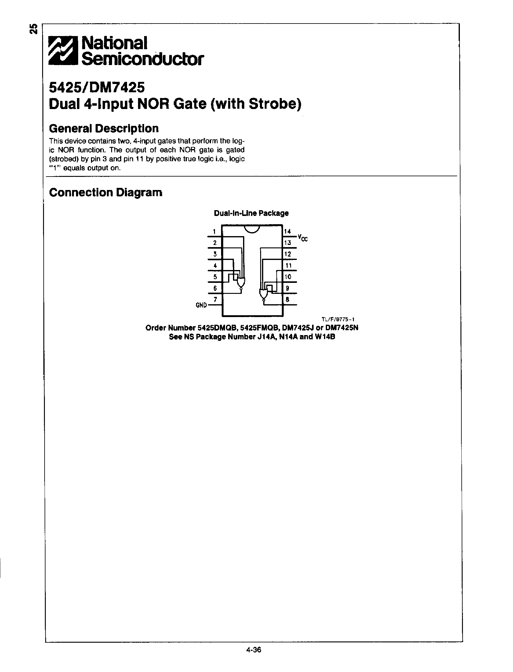 Datasheet DM7425 page 1 Datasheet DM7425 - Dual 4-Input NOR Gate page 1